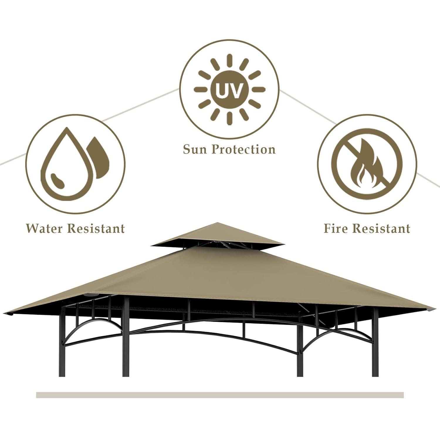 Grill Gazebo Replacement Top, 5 * 8 Outdoor BBQ Top Cover, Double Layer BBQ Gazebo Top Canopy for Model #L-GG001PST-F (Khaki)