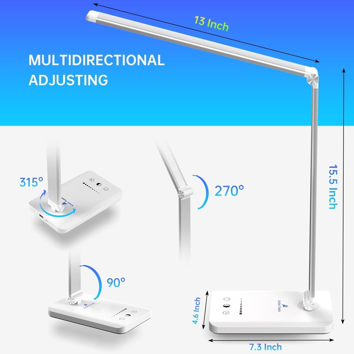 White LED Desk Lamp with USB Charging Port and Touch Control