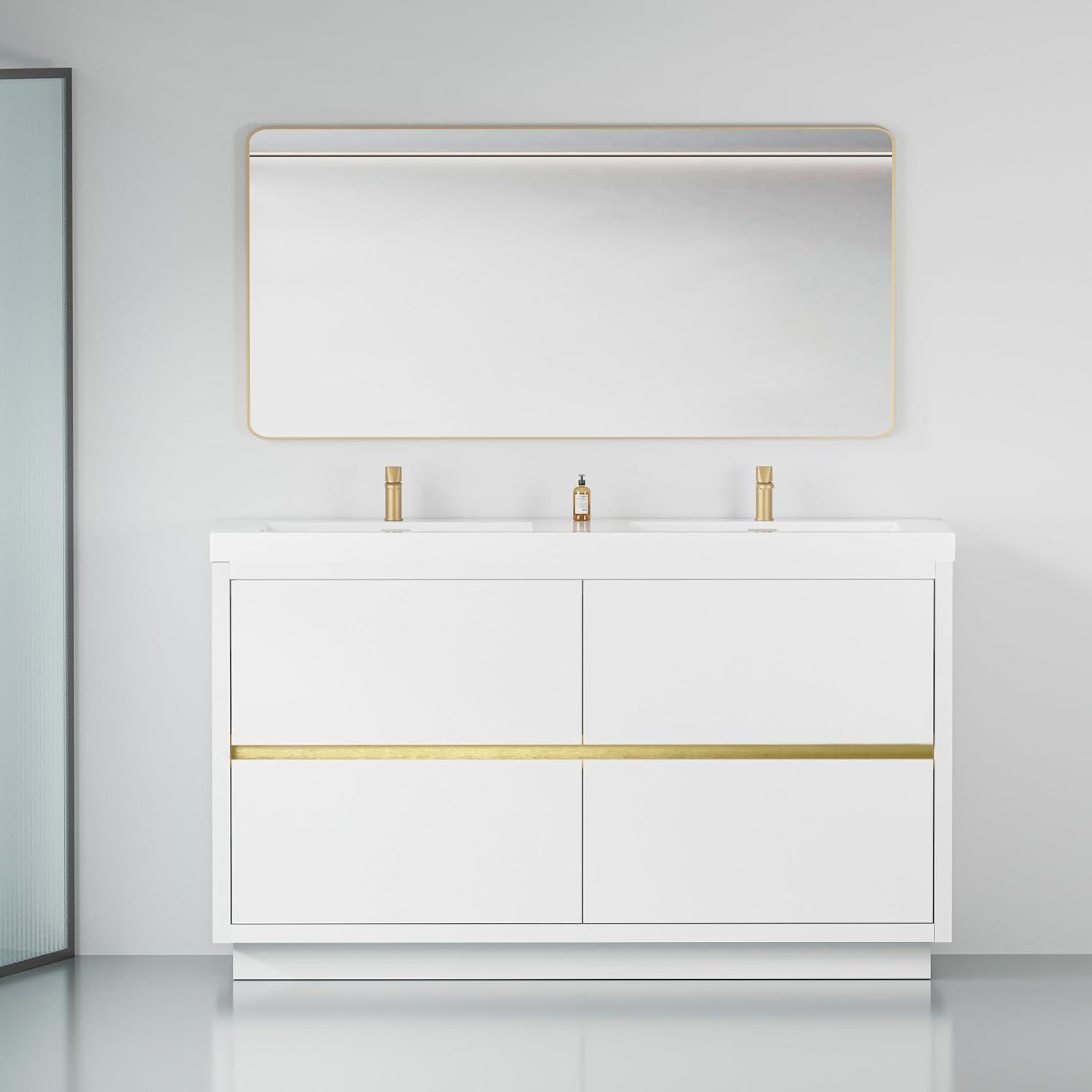 Natural Oak Freestanding Double Sink Bathroom Vanity with White Resin Countertop