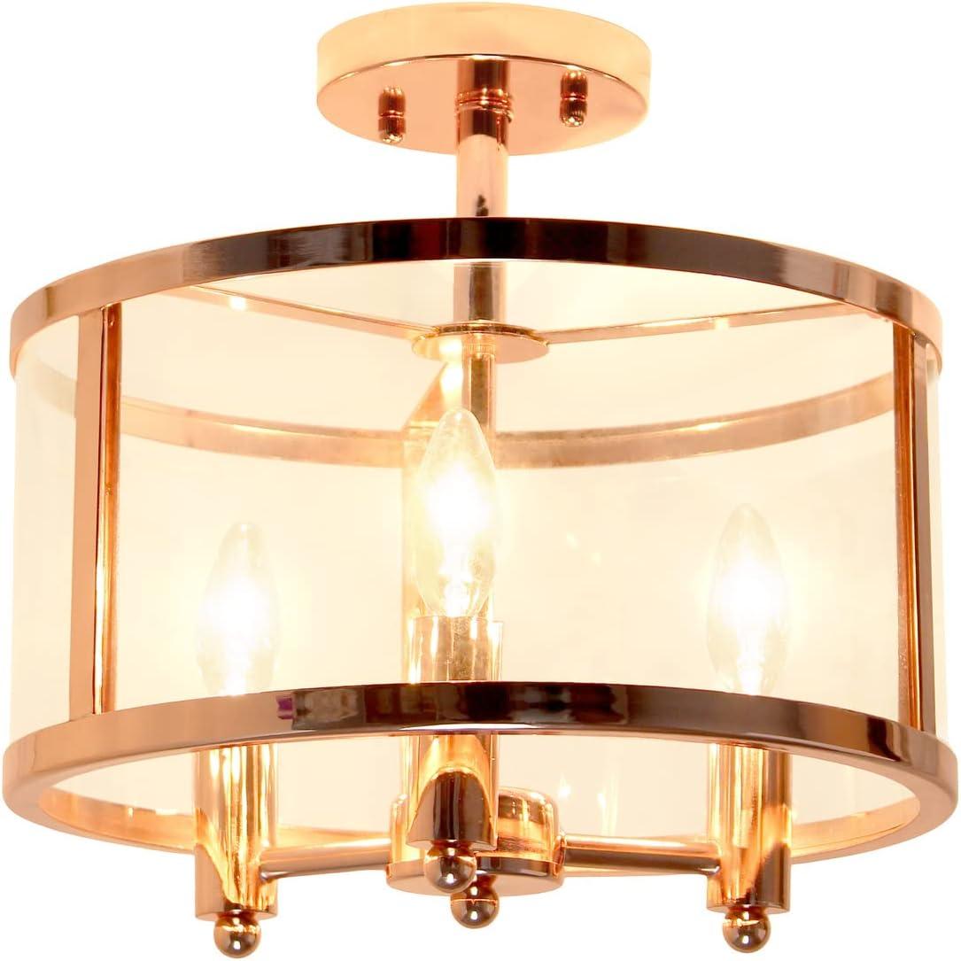 Elegant Designs 13" Iron and Glass 3-Light Traditional Farmhouse Semi Flush Mount, Rose Gold