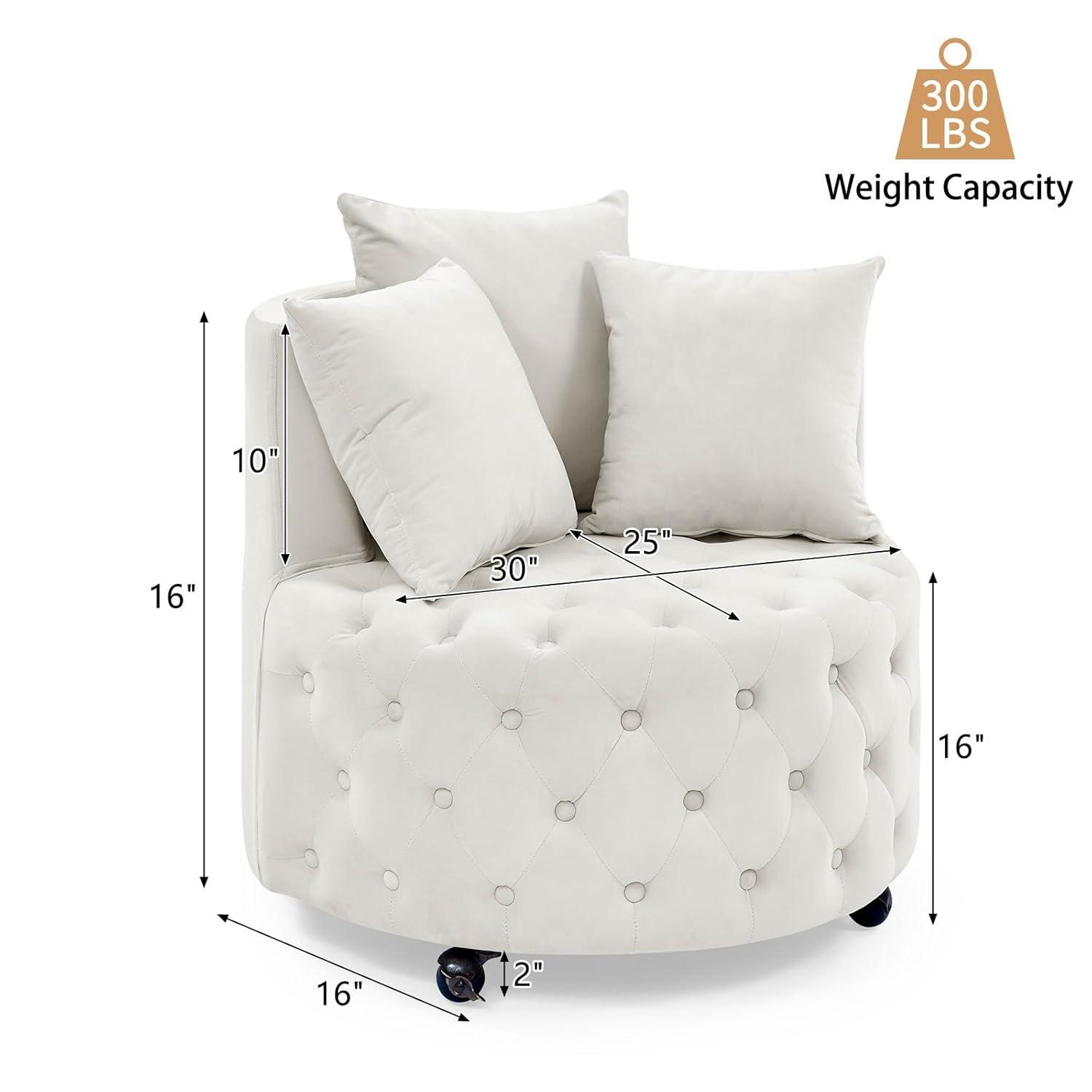 Swivel Barrel Accent Chair, 30in Modern Velvet Round Sofa Chair with 3 Pillows and Wheels, Comfy Tufted Club Lounge Chair for Living Room, Bedroom(Beige)
