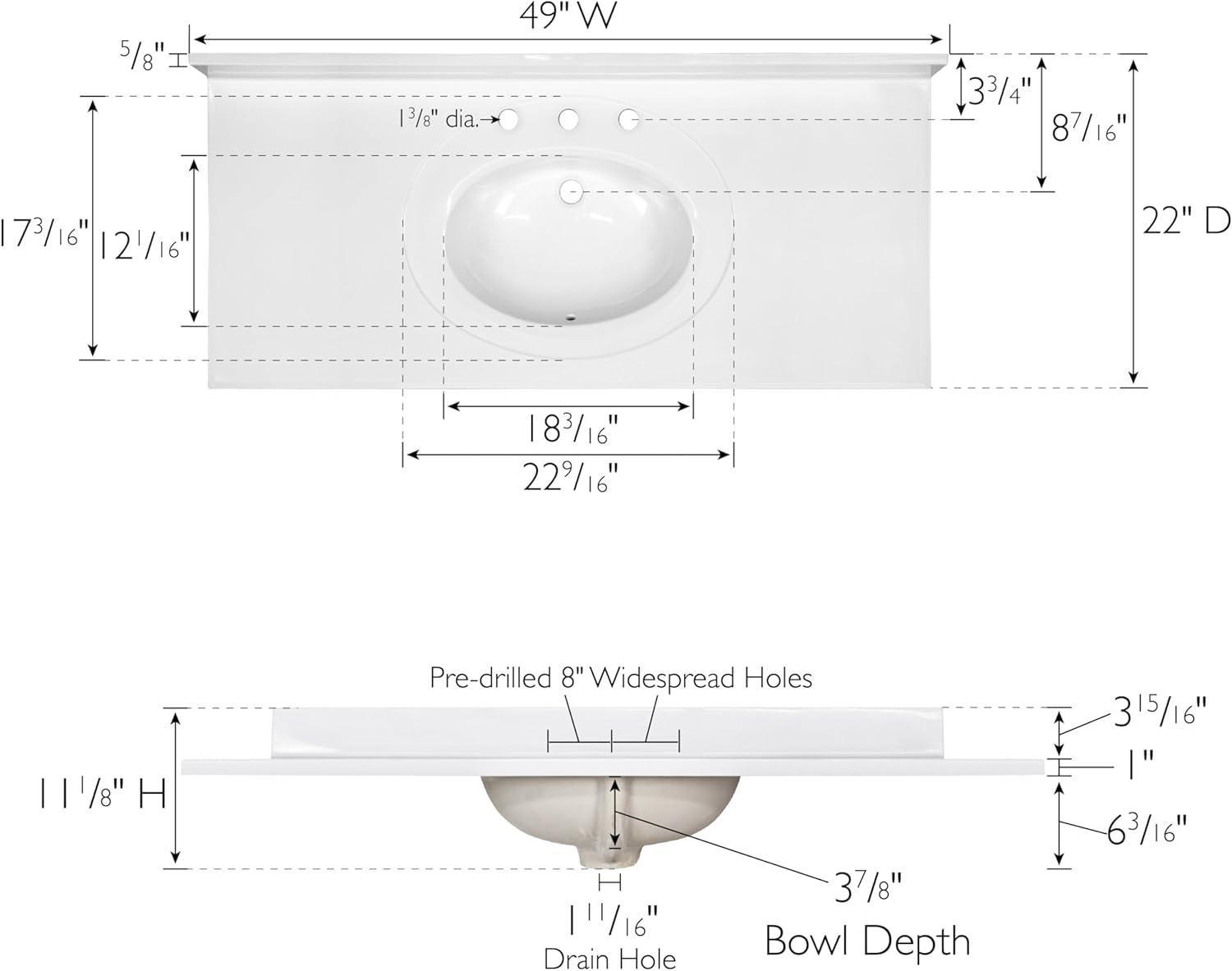 Cultured Marble Widespread Vanity Top – 49-Inch Single Bowl Sink 8-Inch Widespread with Integrated Backsplash – Reinforced Packaging – Solid White, Design House, 586388