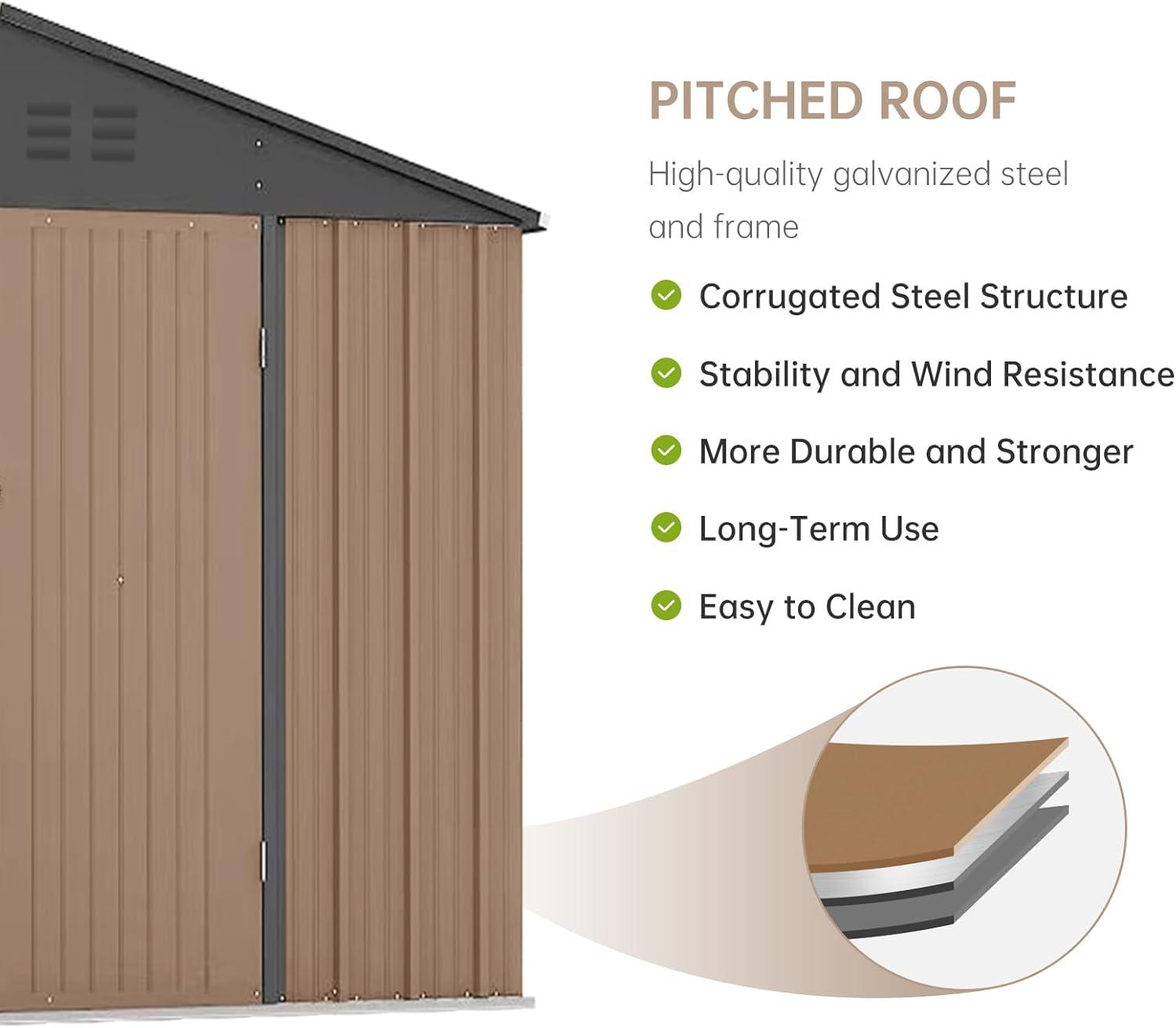 12x10 FT Outdoor Metal Storage Shed Garden Tool House With Lockable Doors and Vent Brown