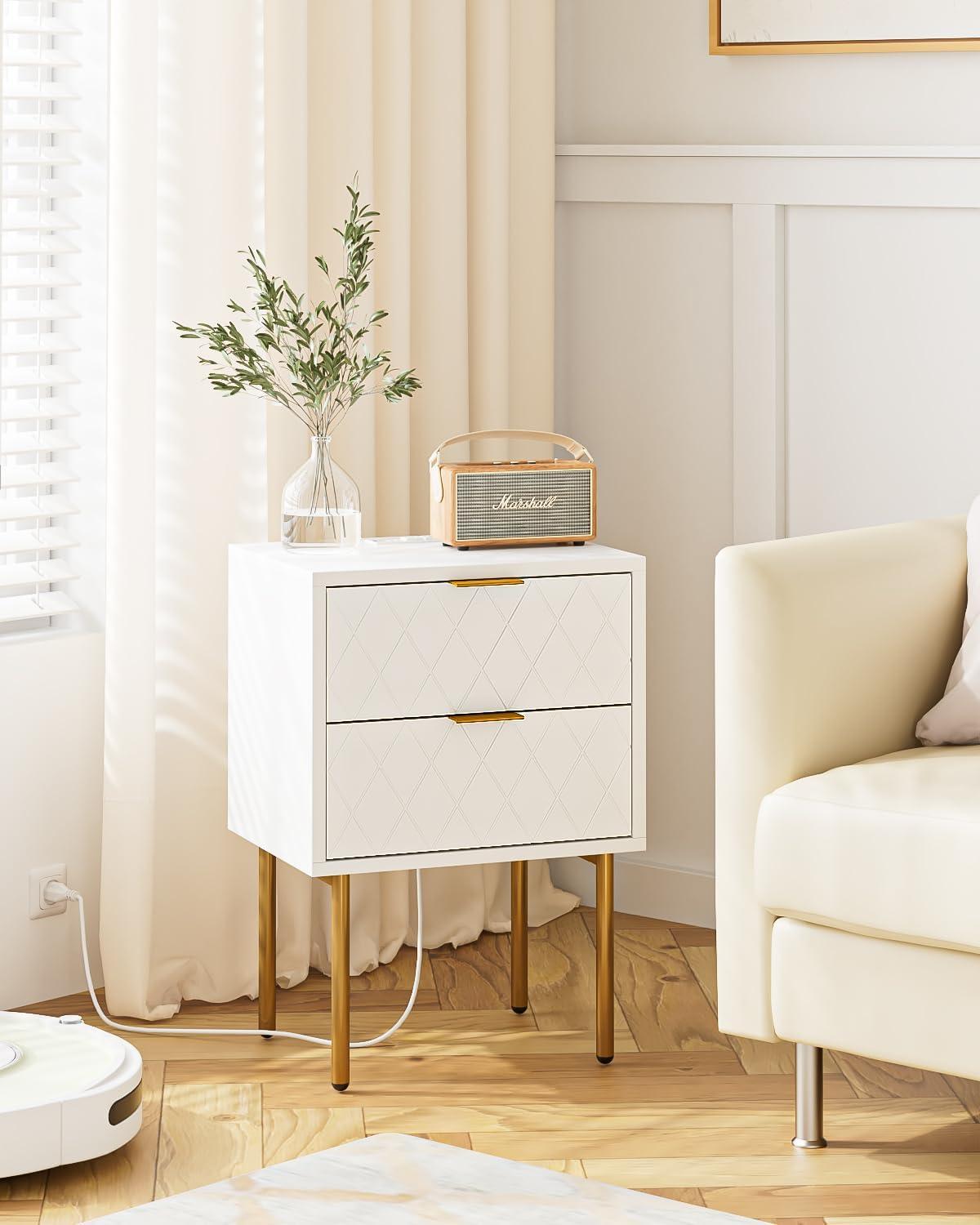 White and Gold Modern Nightstand with Drawer and Shelf