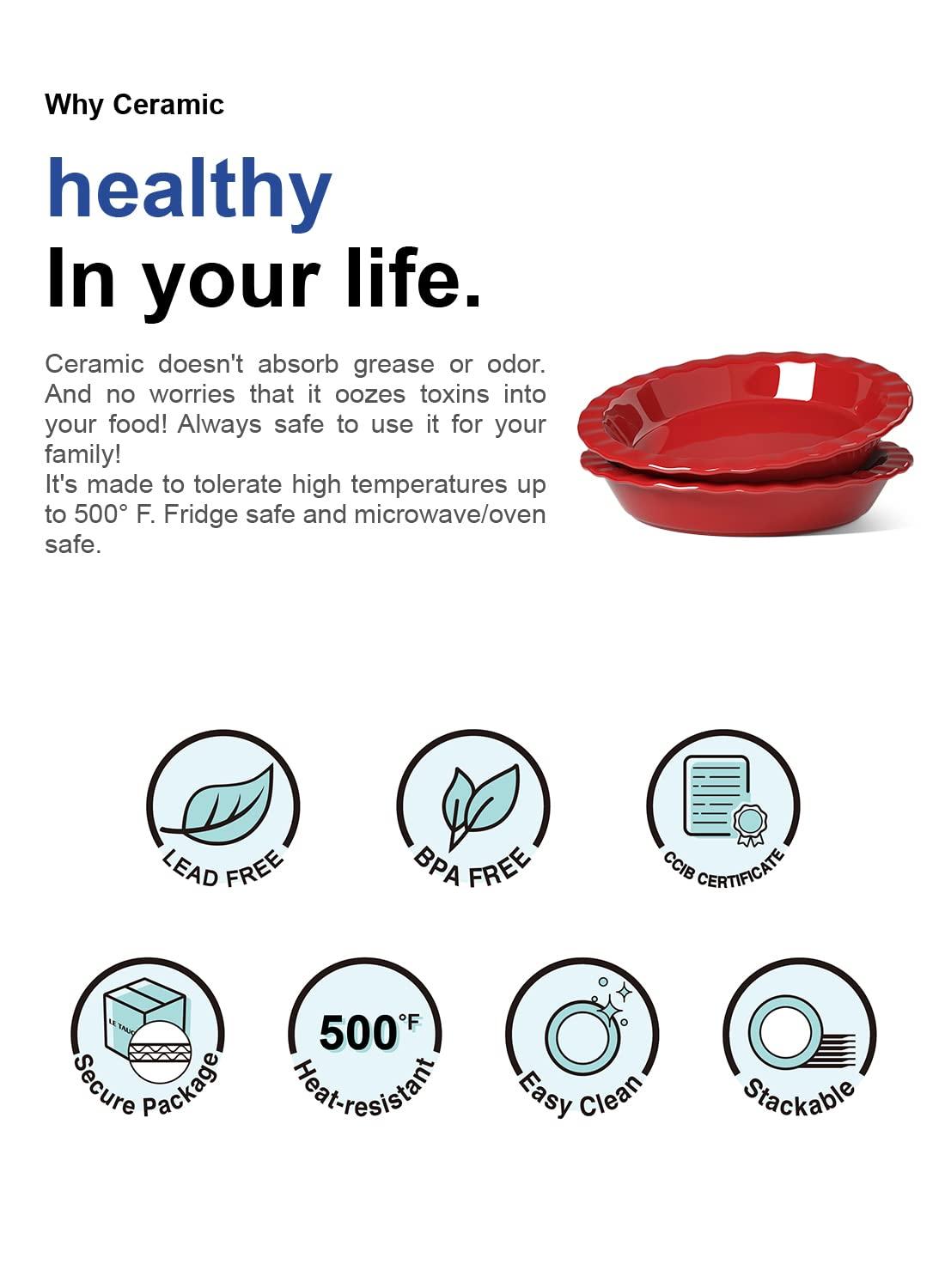 LE TAUCI Ceramic Pie Pans for Baking, 9 Inches Pie Plate for Apple Pie, Pecan Pie, 36 Ounce Deep Dish Pie Pan, Set of 2, Red