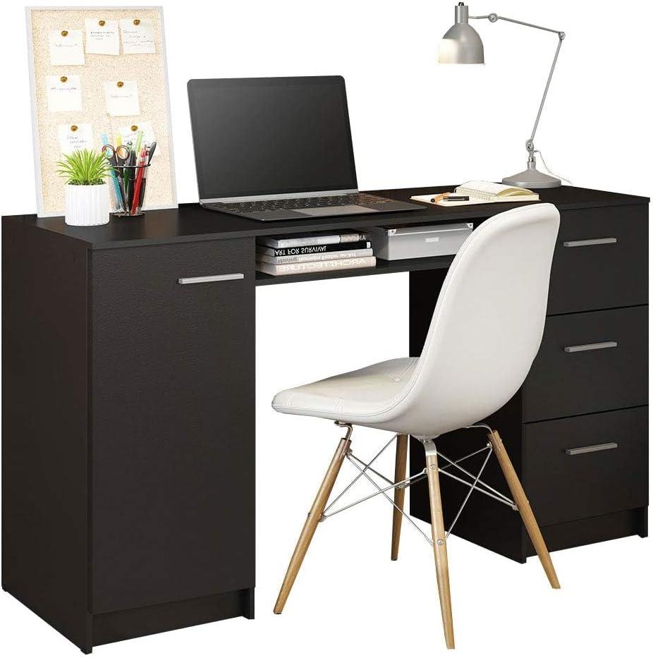 Black Wood Office Desk with Drawers and Shelf, 54"