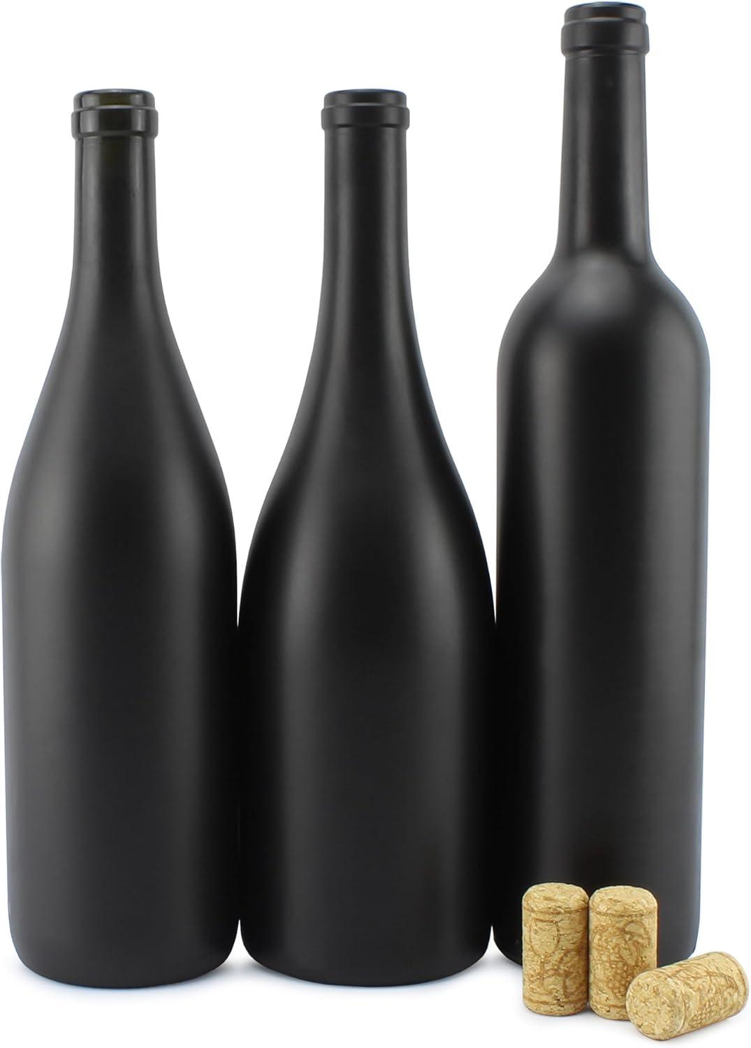 Cornucopia Black Matte Glass Wine Bottles with Corks, 3-Piece Set