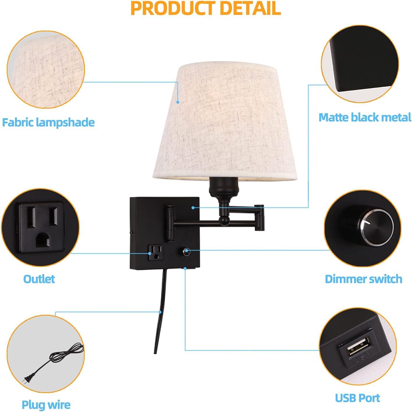 Black Swing Arm Wall Lamp with Fabric Shade and USB Port