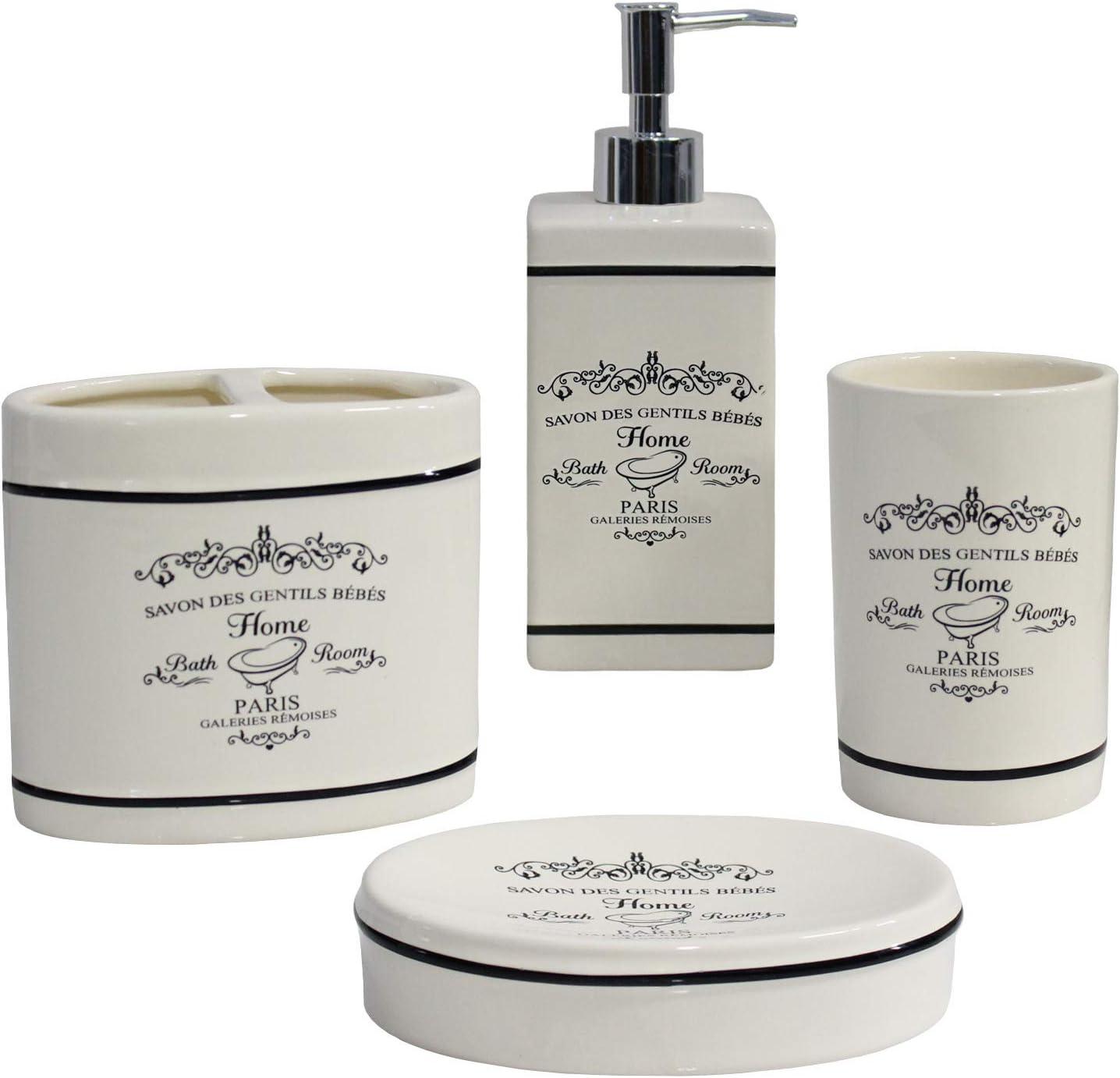 Blue Donuts 4 Piece Bathroom Accessories Set - Heavy Duty Ceramic Paris Bathroom Accessory Set Includes Hand Soap Dispenser, Toothbrush Holder, Soap Dish, Tumbler, Cream