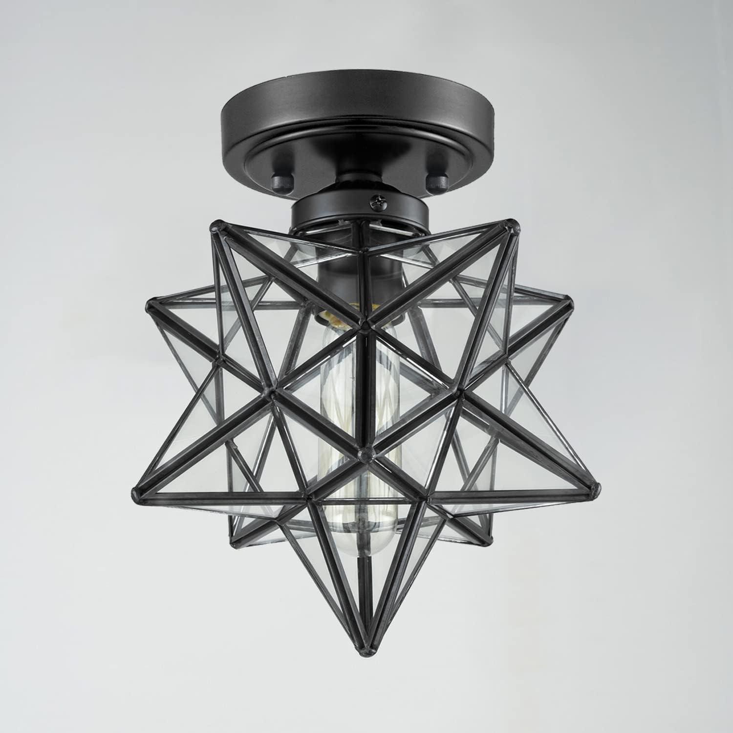 Moravian Star Light Fixture Industrial Black Semi Flush Ceiling Glass Metal New