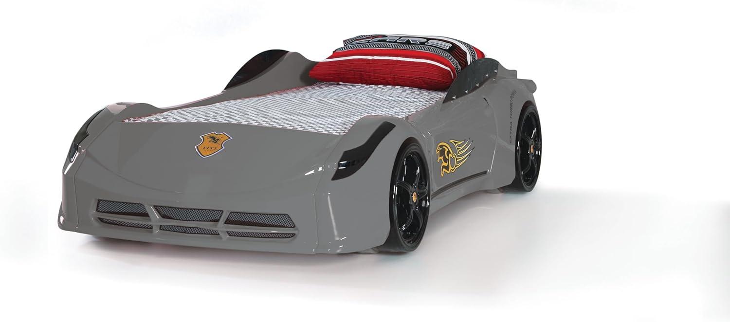 Titi Racer Modern Wood TT Twin Race Car Bed with Remote Control in Gray