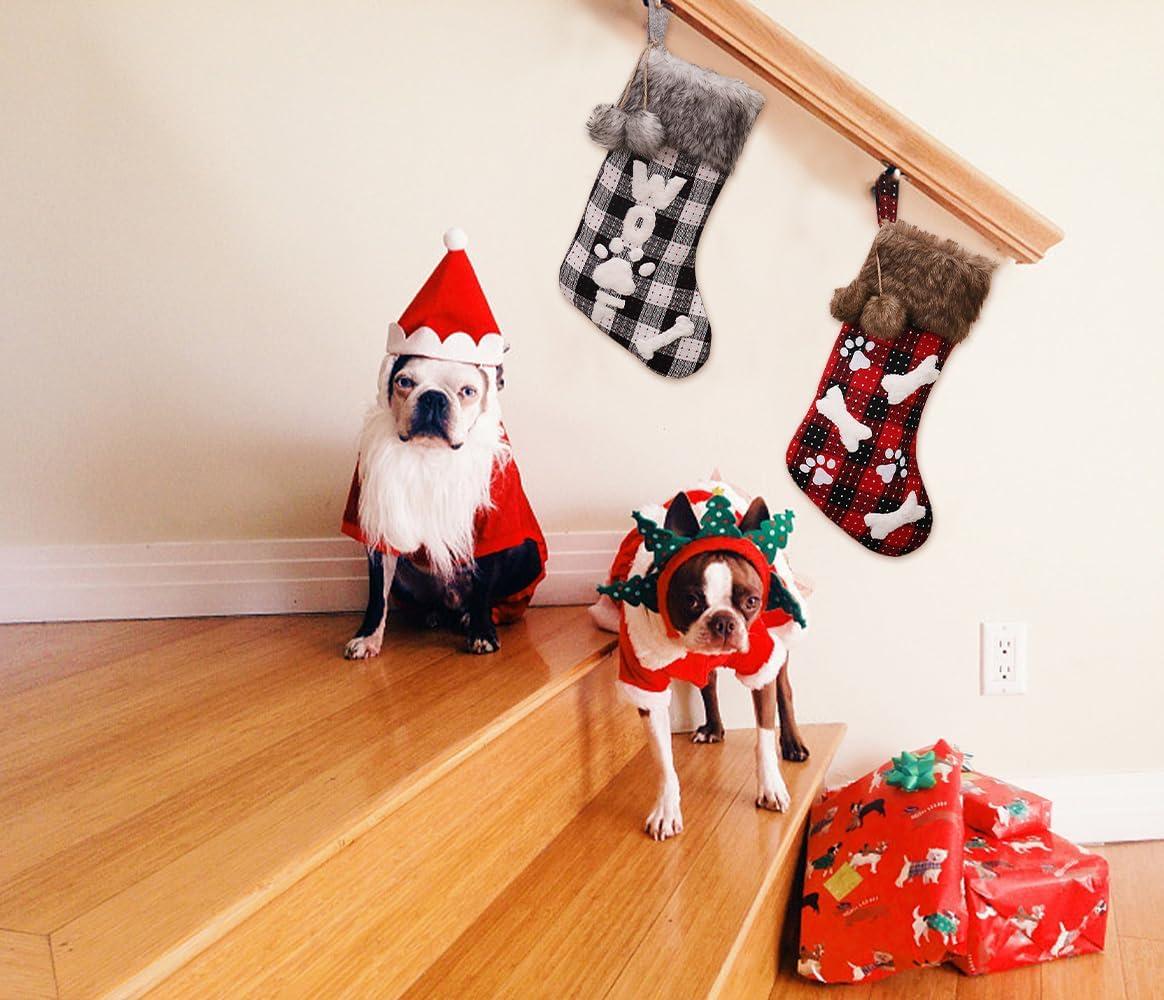 Christmas Stockings Set, 18'' Black Red Buffalo Plaid Christmas Stockings Hanging Ornaments Soft Faux Fur Pet Paw Christmas Stockings Plush Fireplace Hanging Stockings for Christmas Holiday Xmas Gift