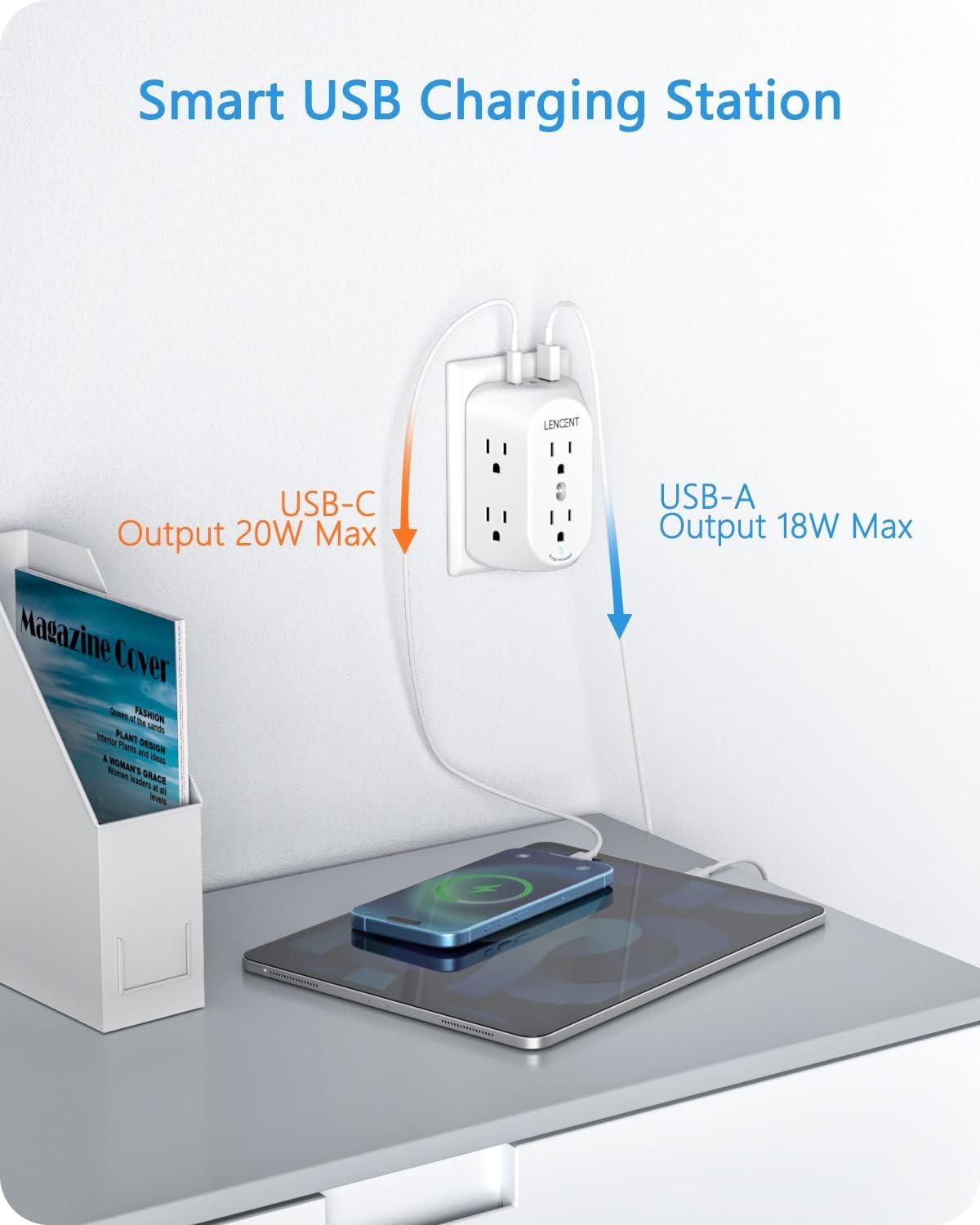 LENCENT 2 Prong Power Strip,3 to 2 Prong Grounding Outlet Adapter 6 Outlet PD20W &2 USB A Port,1728J Surge Protector, 3-Sided Wide Spaced Extender, Polarized Plug,Wall Mount for Non-Grounded Outlet