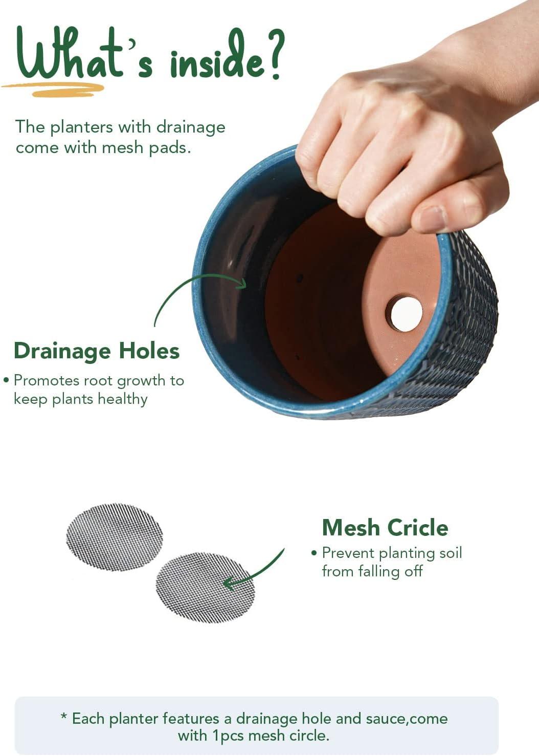 BEMAY 5.5" Plant Pots, Ceramic Indoor Planters with Drainage and Tray, Set of 2 Flower Pots for Succulent,Plants, Reactive Glaze Blue