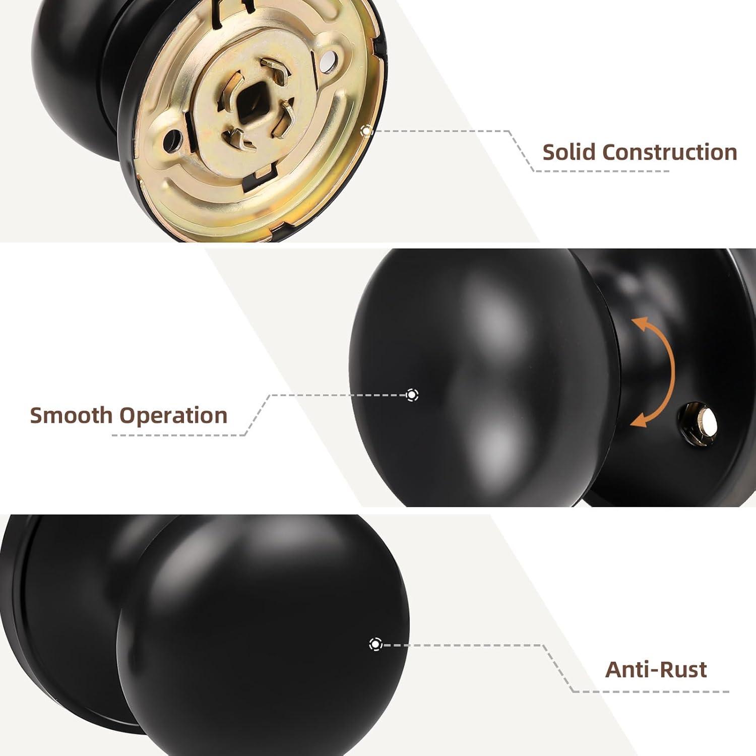 Probrico Black Door Knobs Interior, Passage Door Knobs for Hallway Closet, Matte Black Keyless Indoor Door Knob, 6 Pack