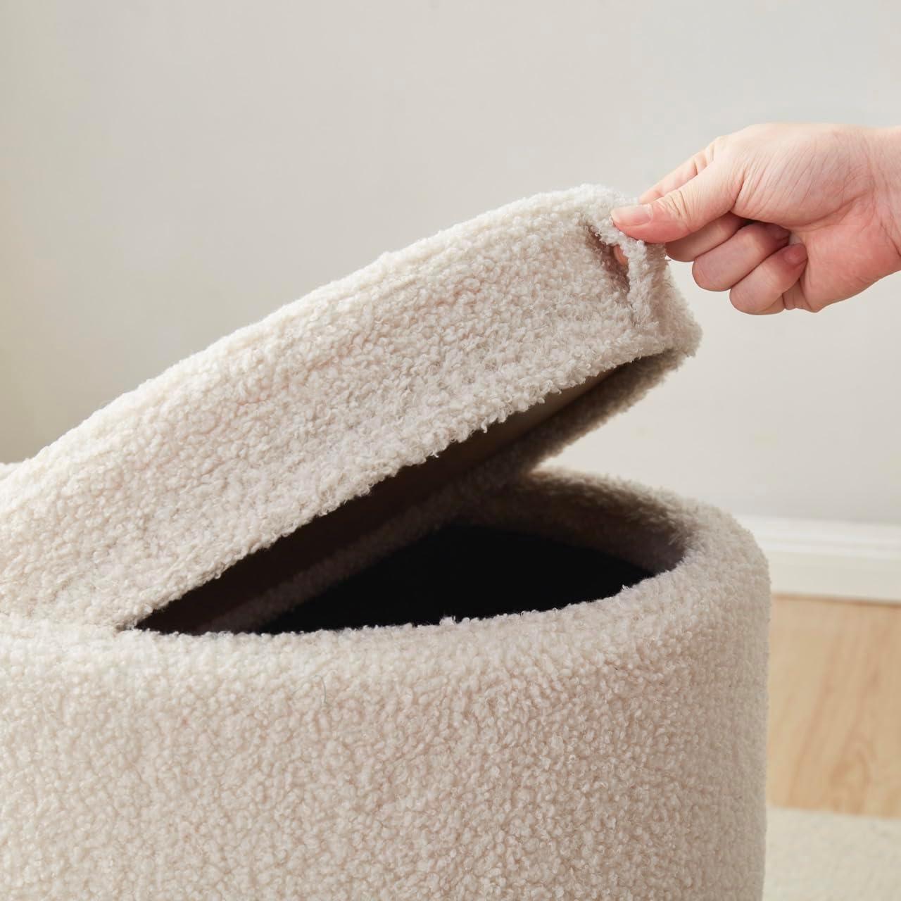 Ornavo Home Lawrence Round Storage Ottoman with Table Top Lid - Velvet Cream