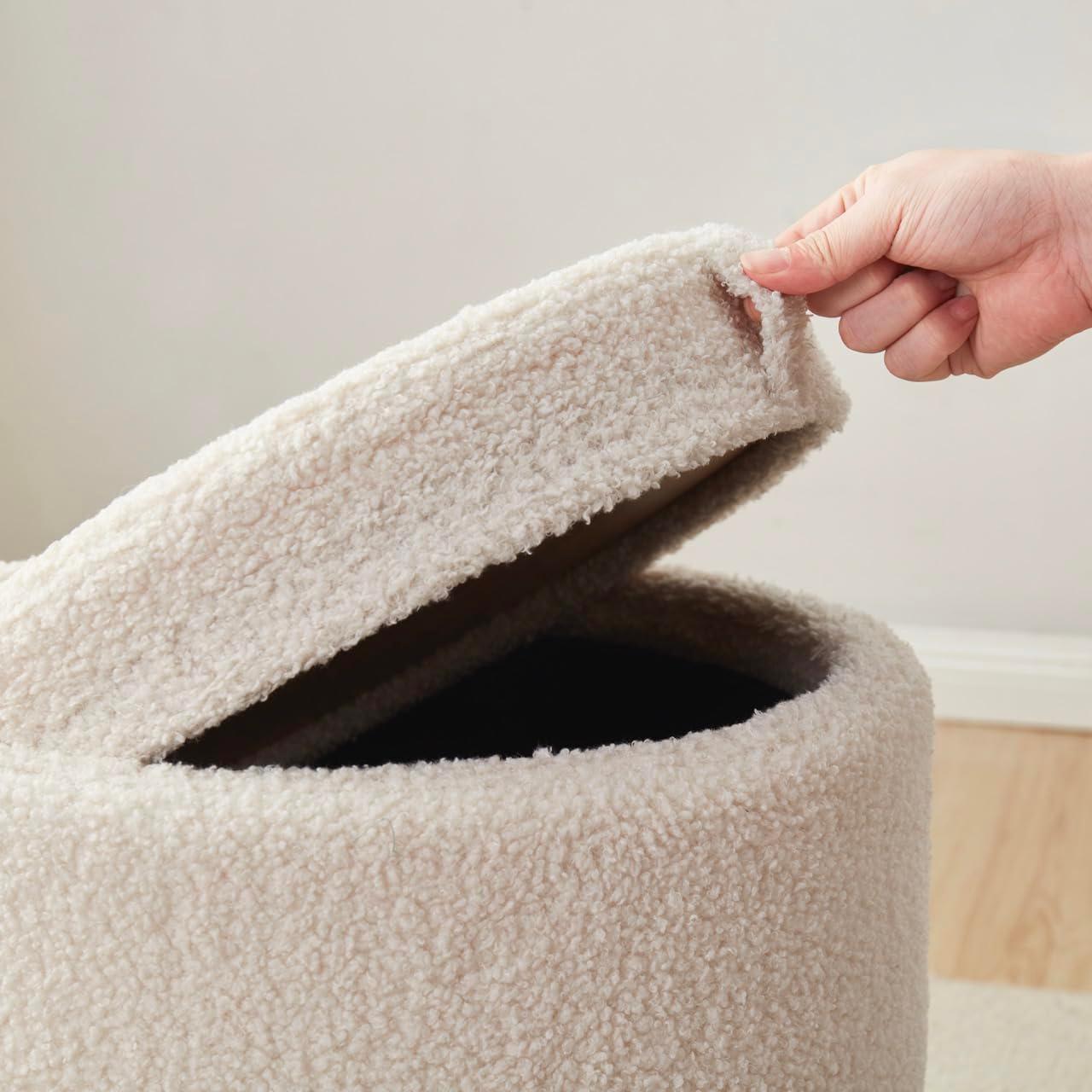 Ornavo Home Lawrence Round Storage Ottoman with Table Top Lid - Linen Beige