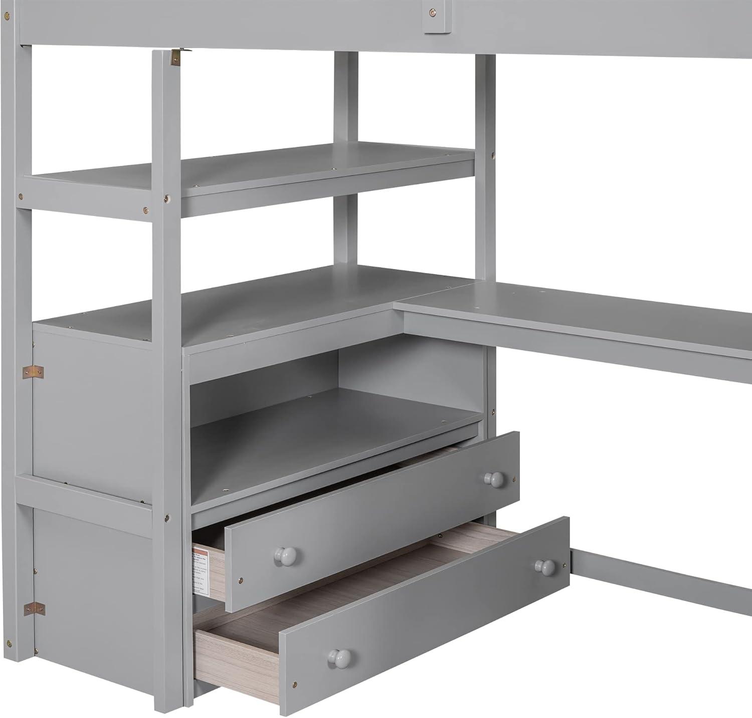 Stairway Twin Size Loft Bed with L Shape Desk, Shelves, Two Tier Drawers and Storage Staircase, Gray