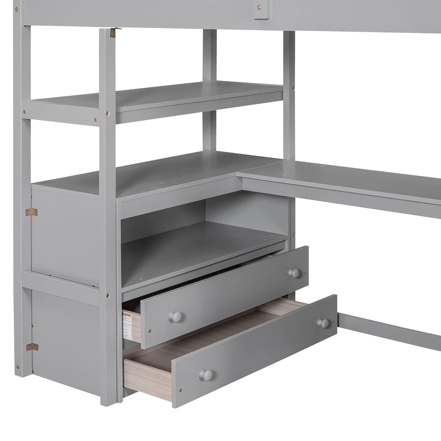Stairway Twin Size Loft Bed with L Shape Desk, Shelves, Two Tier Drawers and Storage Staircase, Gray