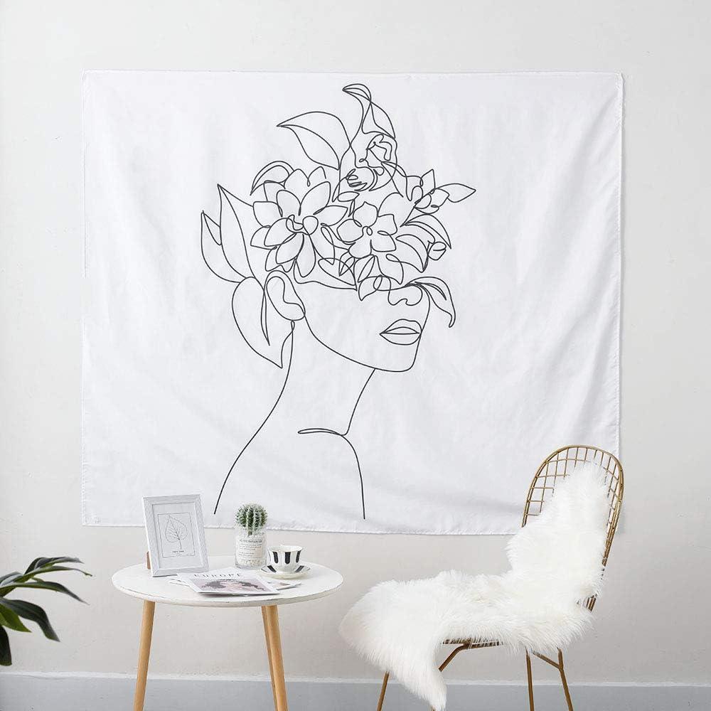 Black and White Abstract Woman Face Tapestry with Flowers, 51x60 Inches