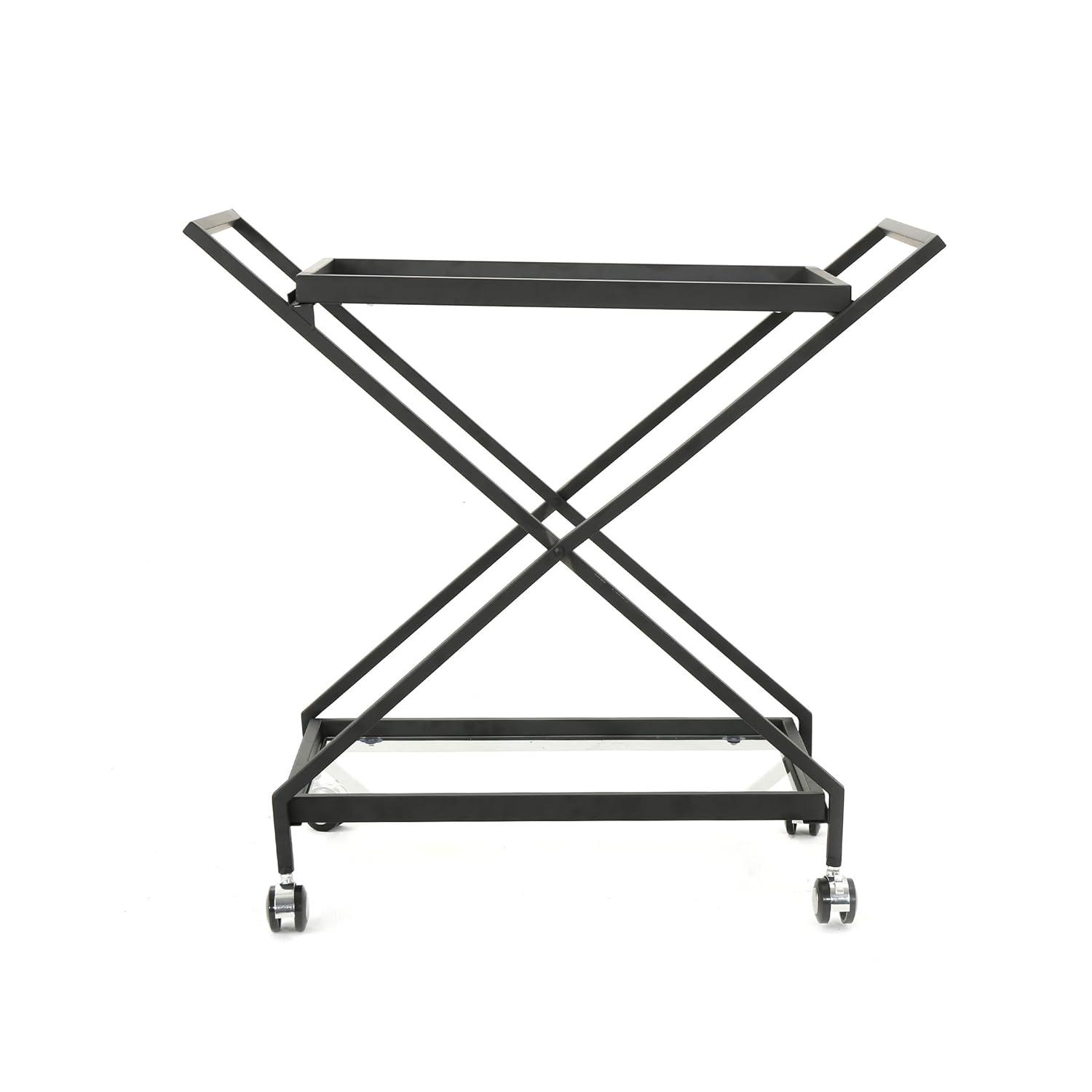 GDF Studio Sheri Indoor/Outdoor Industrial Iron Bar Cart with Tempered Glass Shelves, Black