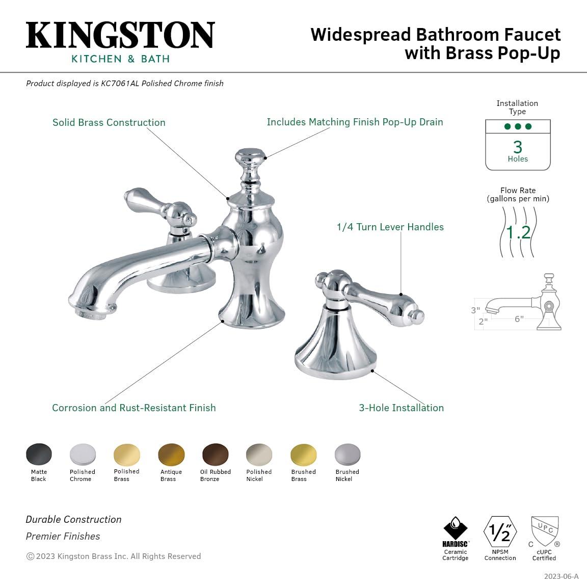 Kingston Brass Vintage Two-Handle 3-Hole Deck Mount Widespread Bathroom Faucet with Brass Pop-Up Drain