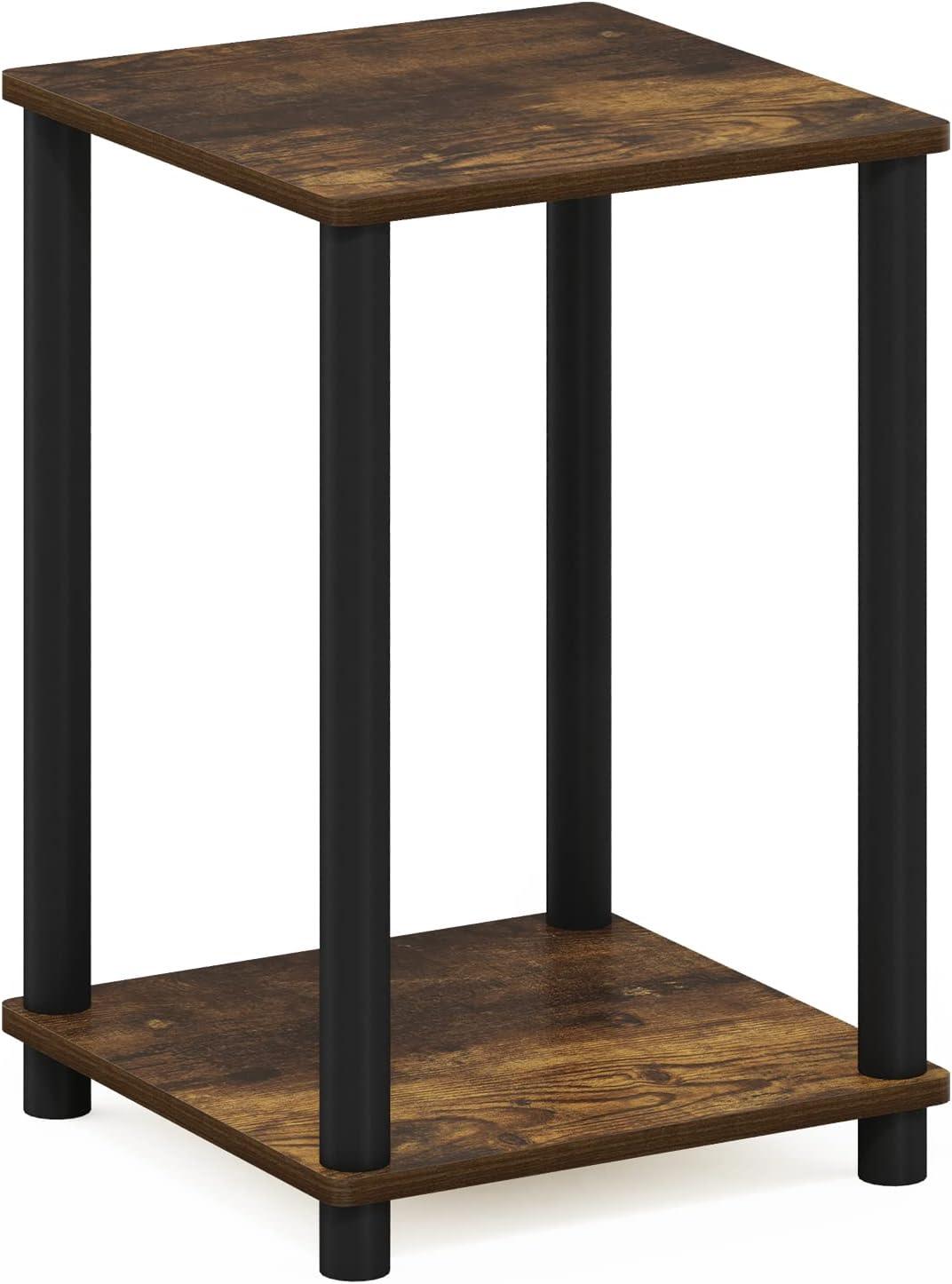 Compact Amber Pine & Black Square End Table with Shelf