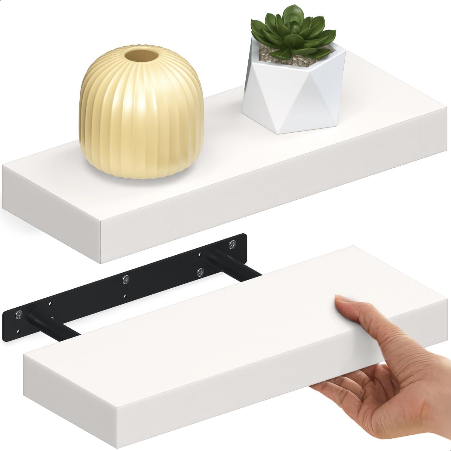 White Veneered 16" Floating Wall Shelves with Invisible Brackets, 2-Pack