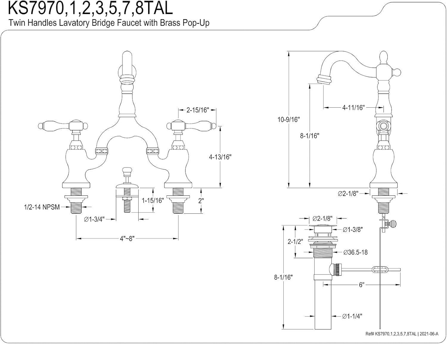 Kingston Brass Tudor Two-Handle 3-Hole Deck Mount Bridge Bathroom Faucet with Brass Pop-Up