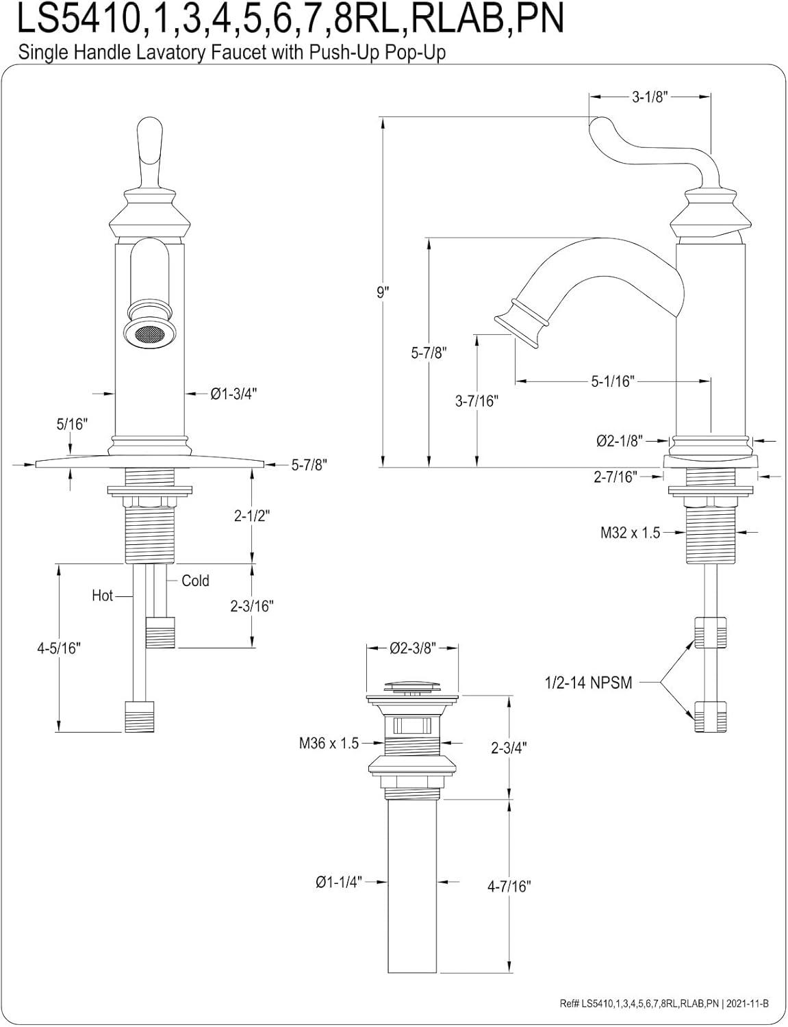 Kingston Brass Royale Single-Handle 1-Hole Deck Mount Bathroom Faucet with Push Pop-Up