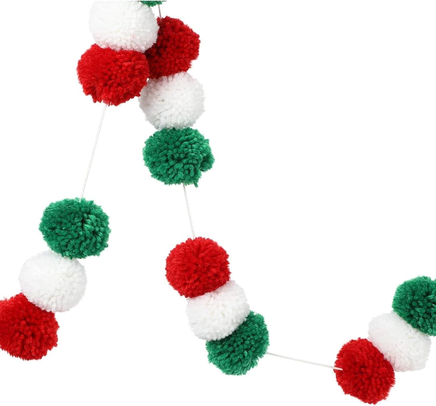 Wool Pom Pom Garland Decor for Christmas Party (Red, White, Green, 10 Feet)