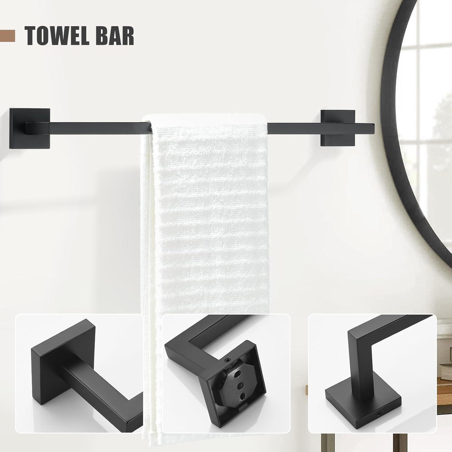 Black Towel Bar Set 5-Piece Bathroom Hardware Set,Square SUS304 Stainless Steel - 23.6 Inch Wall Mounted Towel Rack,Toilet Paper Holder,Towel Ring and Towel Hook