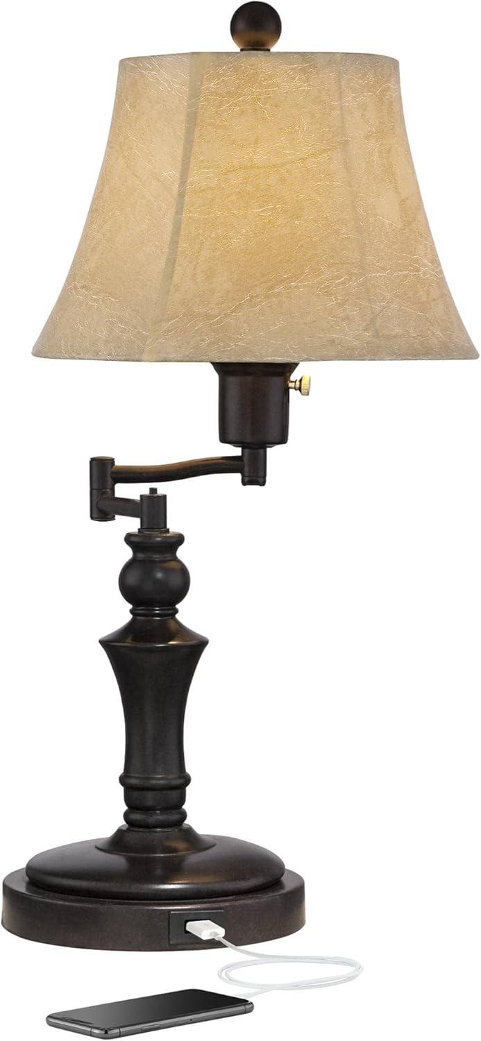 Regency Hill Traditional Desk Table Lamp Swing Arm with Hotel Style USB Charging Port 21.75" High Bronze Metal Faux Leather Bell Shade for Bedroom