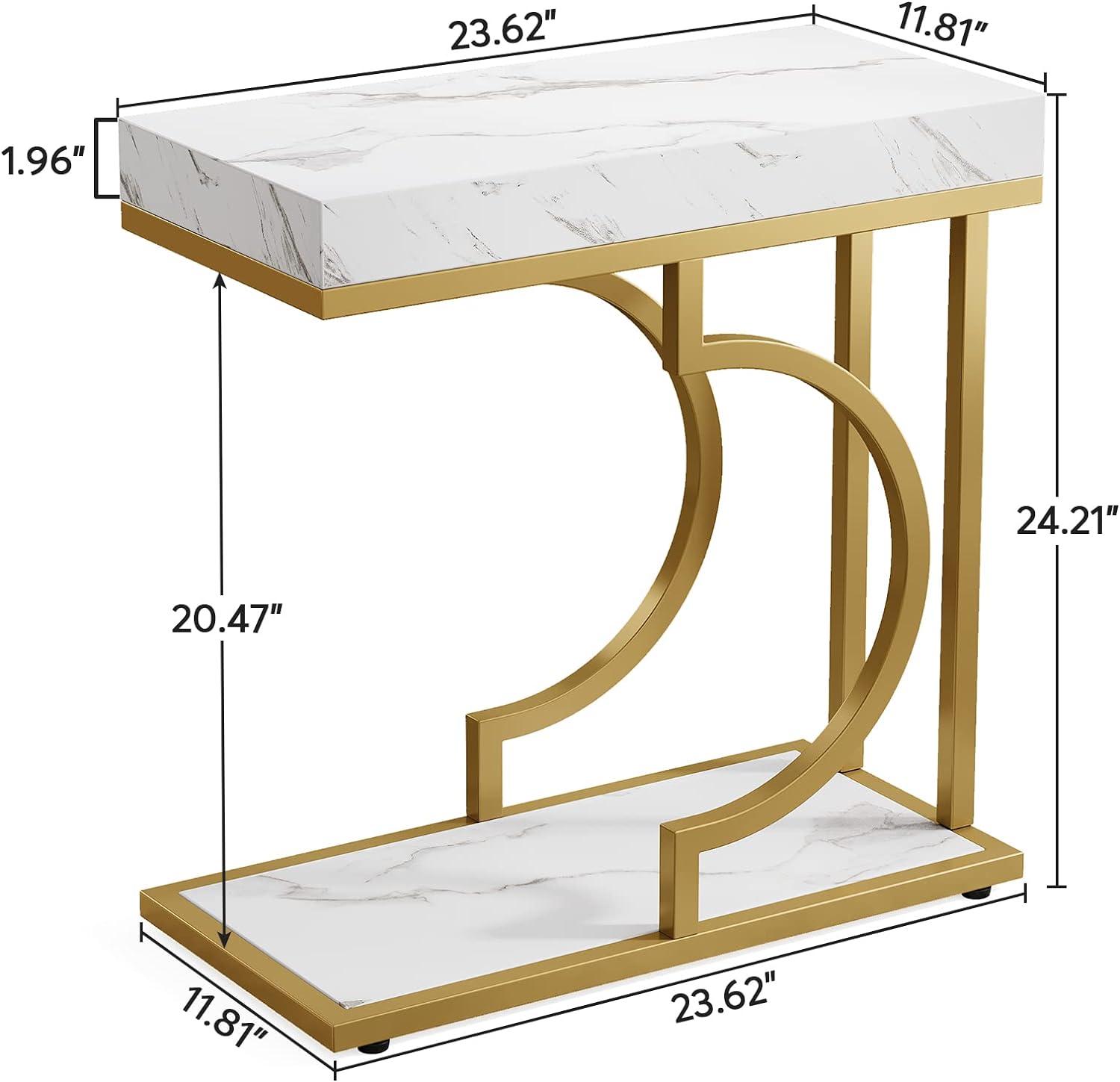 White Faux Marble and Gold C-Shaped End Tables Set of 2