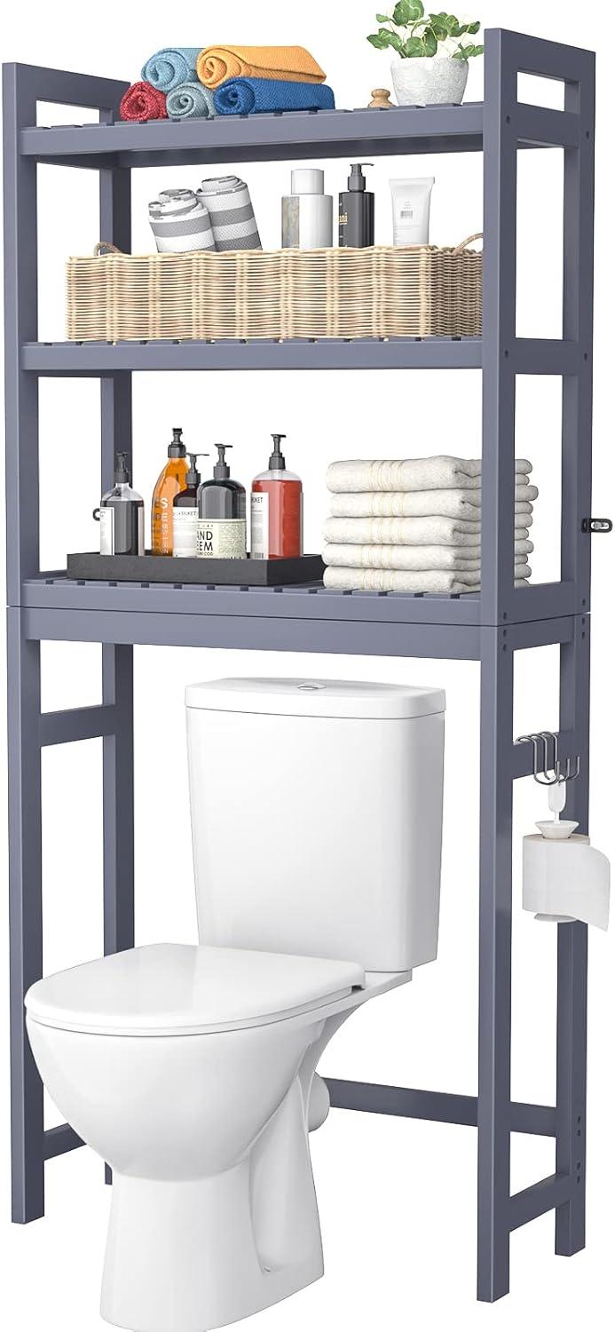 SONGMICS 3-Tier Over The Toilet Storage Bamboo Over Toilet Bathroom Organizer with Adjustable Shelf Grey