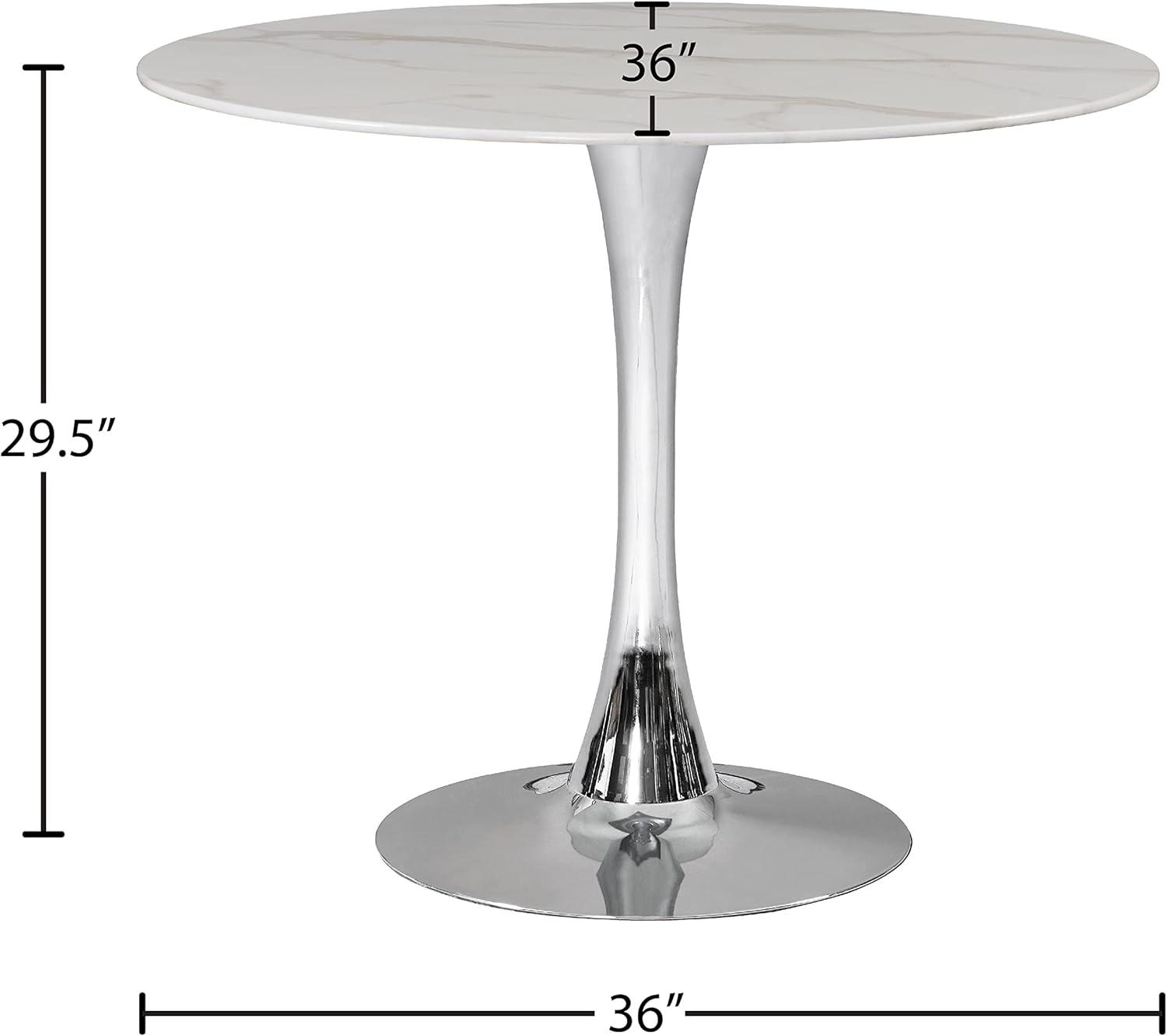 36" Round White Faux Marble Dining Table with Chrome Pedestal Base