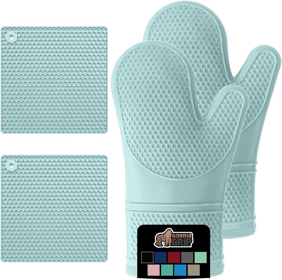 GORILLA GRIP Heat and Slip Resistant Silicone Oven Mitts and Trivet Set, Waterproof, Set of 4, Mint