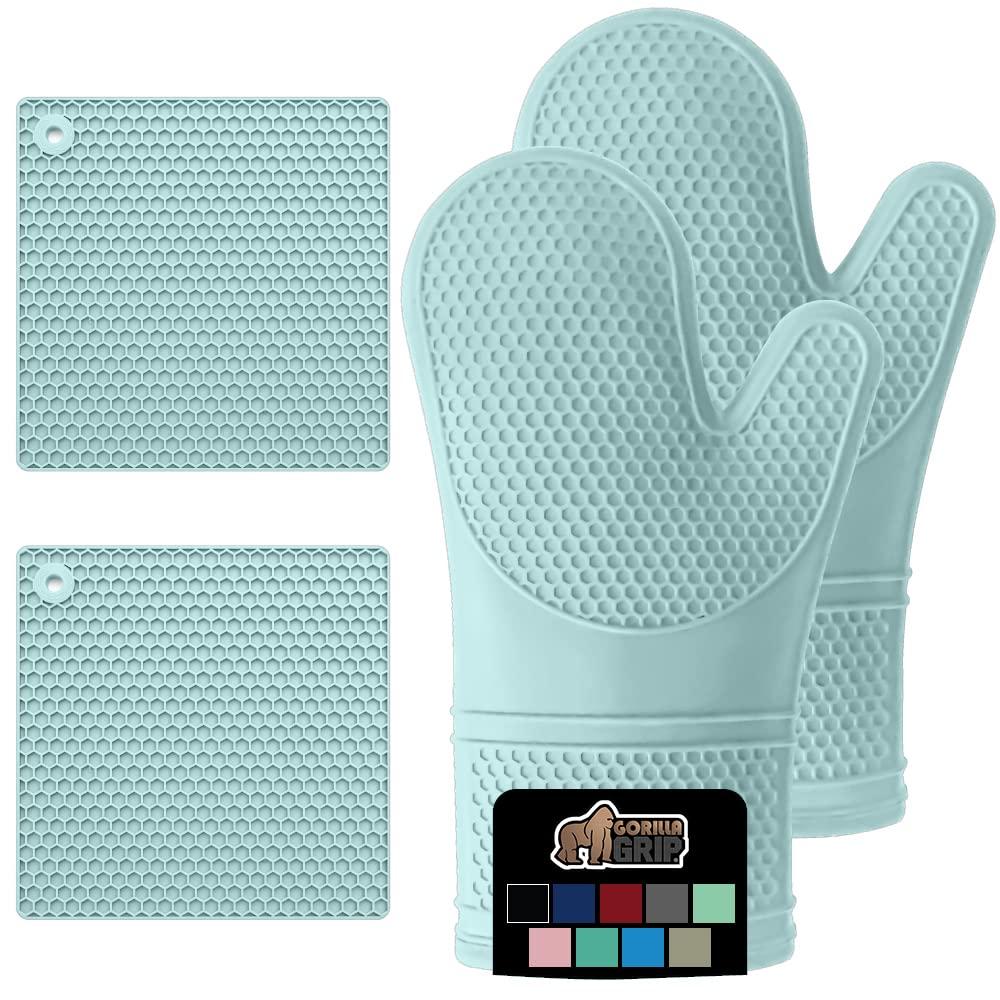 GORILLA GRIP Heat and Slip Resistant Silicone Oven Mitts and Trivet Set, Waterproof, Set of 4, Mint