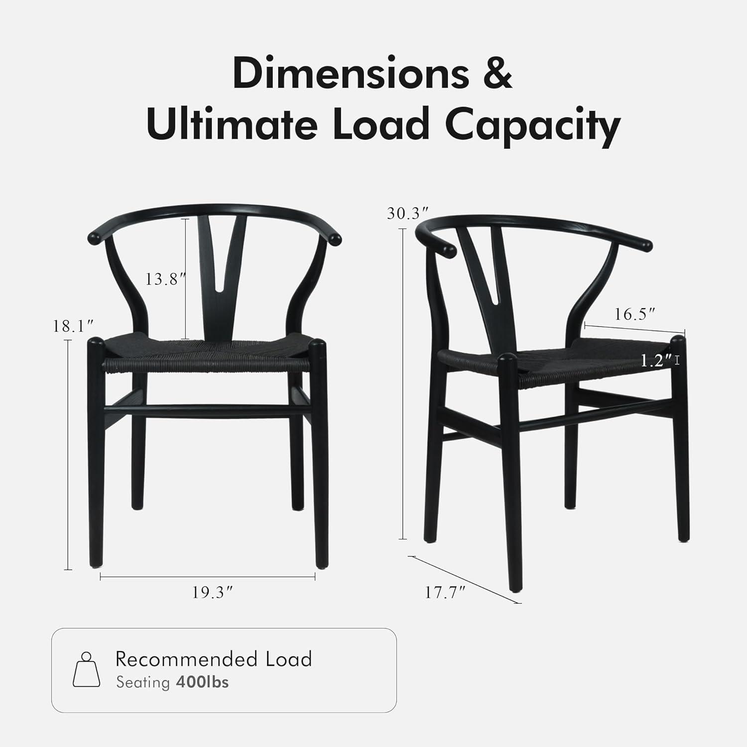 2xhome Set of 2 Wishbone Solid Wood Armchairs with Arms Open Y Back Farmhouse Dining Office Chairs with Woven Black Seat, Black