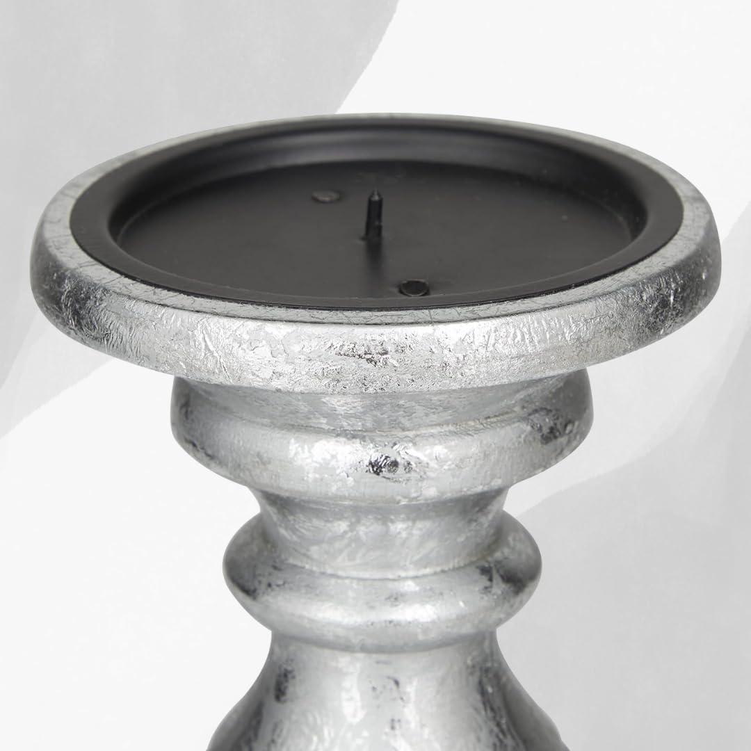 AULIYA Wooden Candle Holders Pillar Candles Holder Rustic Wood Stand Decorative Polish Candlestick Set of 3 for Home Decor - 6" 8" 10" Silver