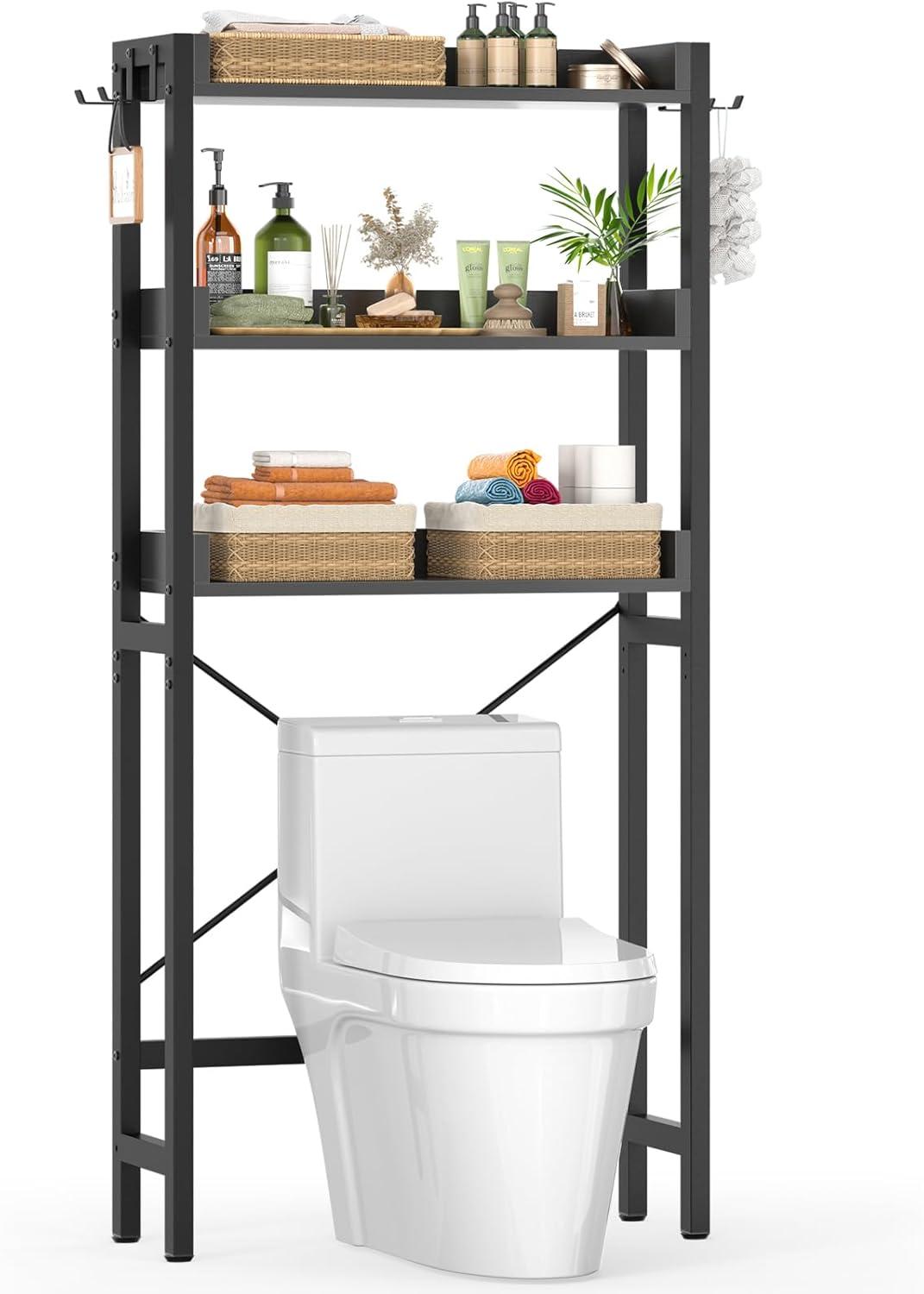 3-Tier Over The Toilet Storage, Space Saver Metal Bathroom Shelves, Freestanding Above Over Toilet Storage Shelf With 4 Hooks For Bathroom, Black