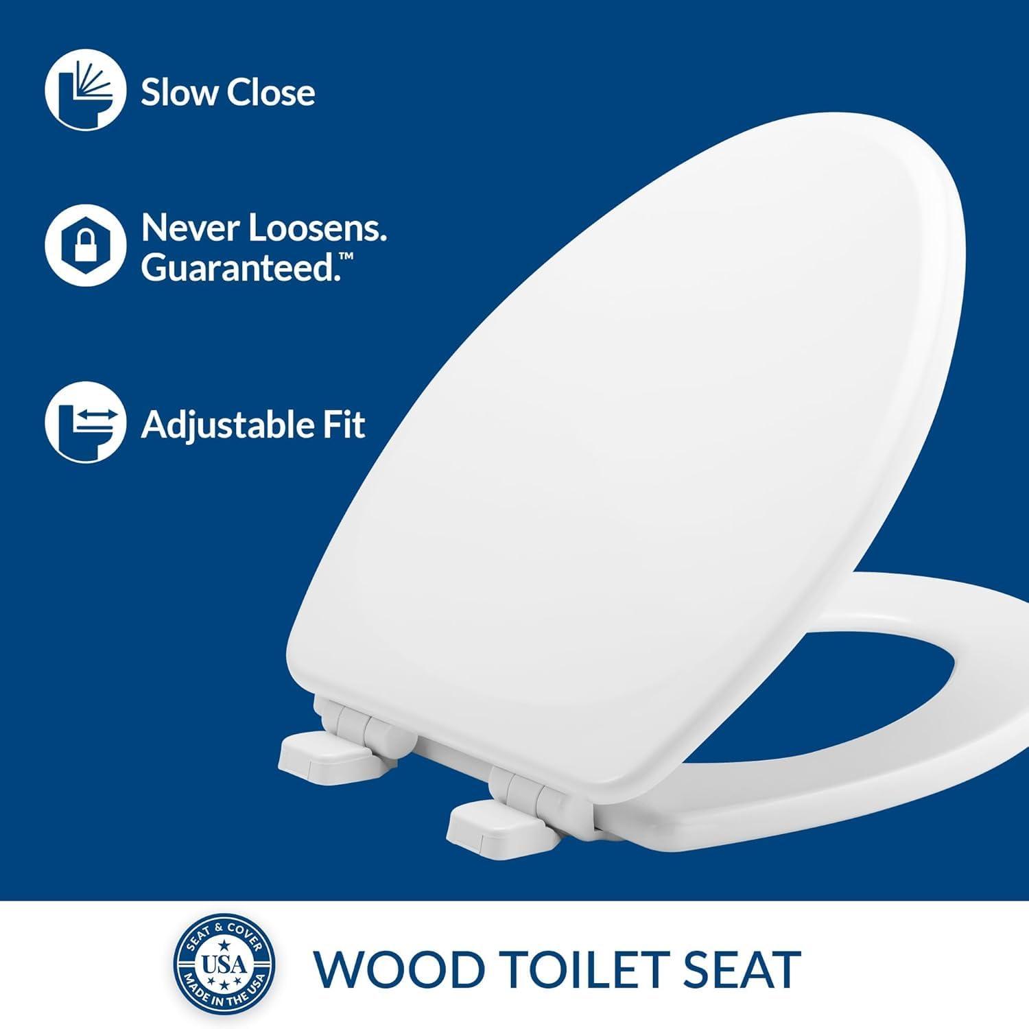 Linden Elongated Slow Close Toilet Seat, Non Slip Heavy Duty Wood, Easy Install, White