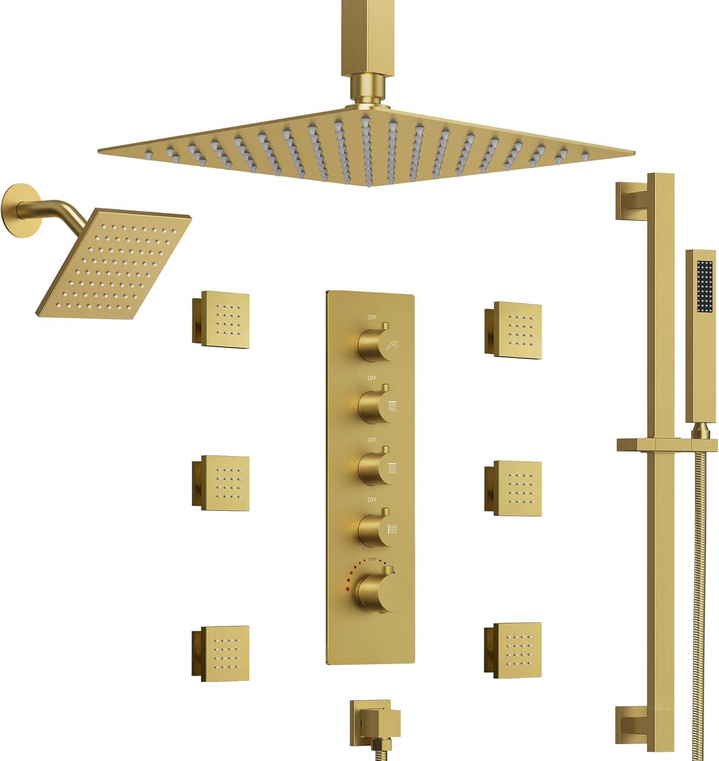 DualJetSpa 15-Spray Patterns 16" & 6" Dual Shower Head, Shower FaucetSystem with Thermostatic Rough-in Valve and Body Jets