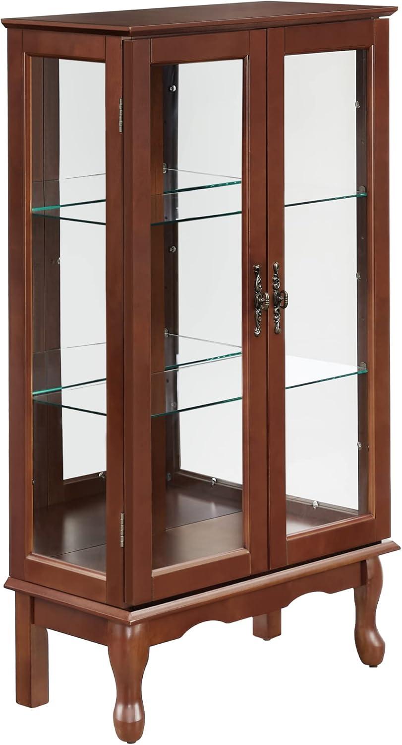 Dolonm Curio Cabinet with Tempered Glass Doors, Curio Cabinets with Mirrored Back Panel and Adjustable Shelves, Lighted Display Cabinet for Home, Office, E26 Light Bulb Not Included, Walnut, 3 Tier