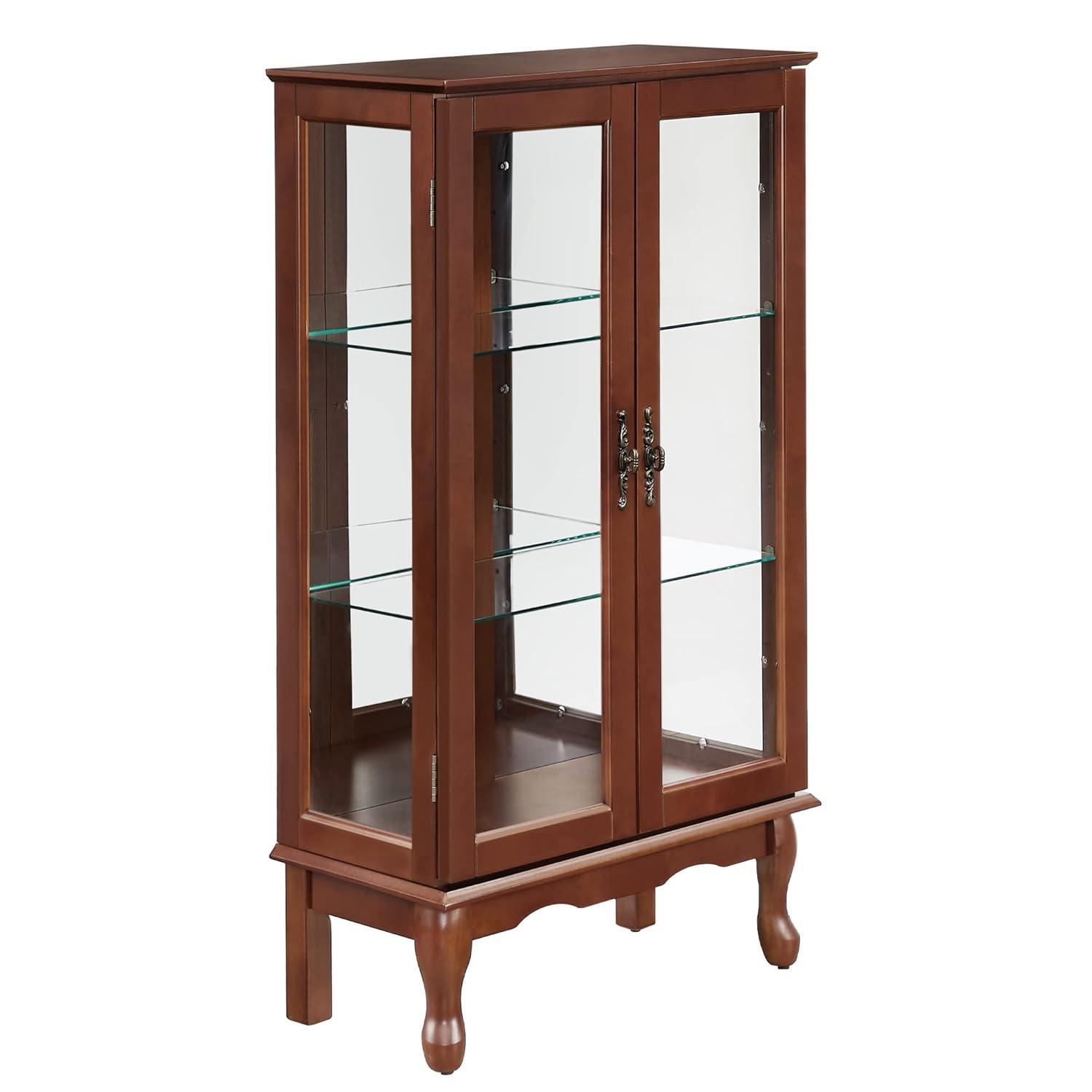Dolonm Curio Cabinet with Tempered Glass Doors, Curio Cabinets with Mirrored Back Panel and Adjustable Shelves, Lighted Display Cabinet for Home, Office, E26 Light Bulb Not Included, Walnut, 3 Tier