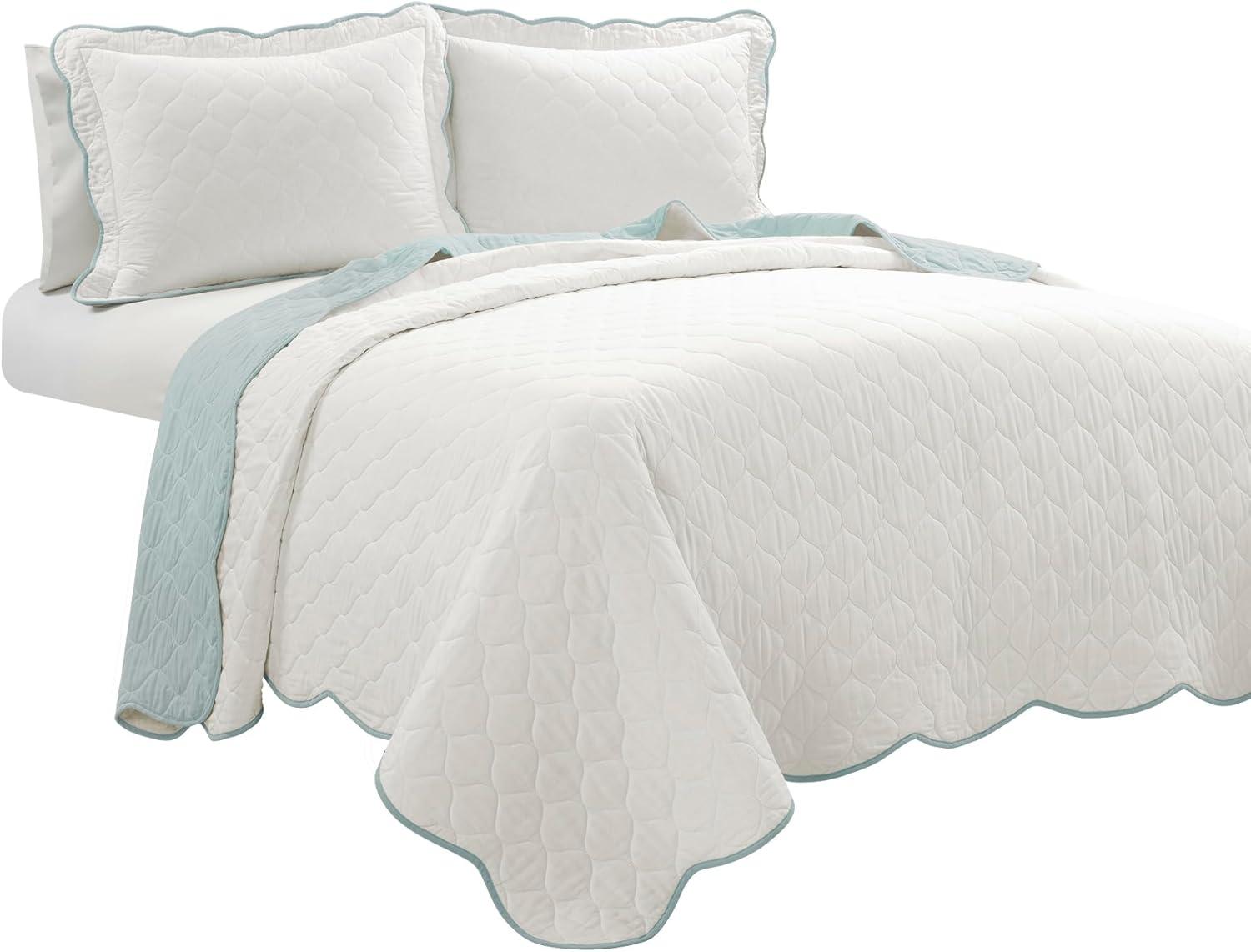3pc Full/Queen Coastal Chic Scallop Edge Reversible Quilt Set Blue - Lush Décor: OEKO-TEX Certified, Cotton Fill