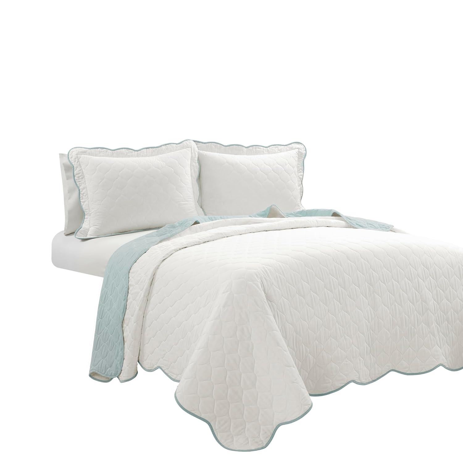 3pc Full/Queen Coastal Chic Scallop Edge Reversible Quilt Set Blue - Lush Décor: OEKO-TEX Certified, Cotton Fill