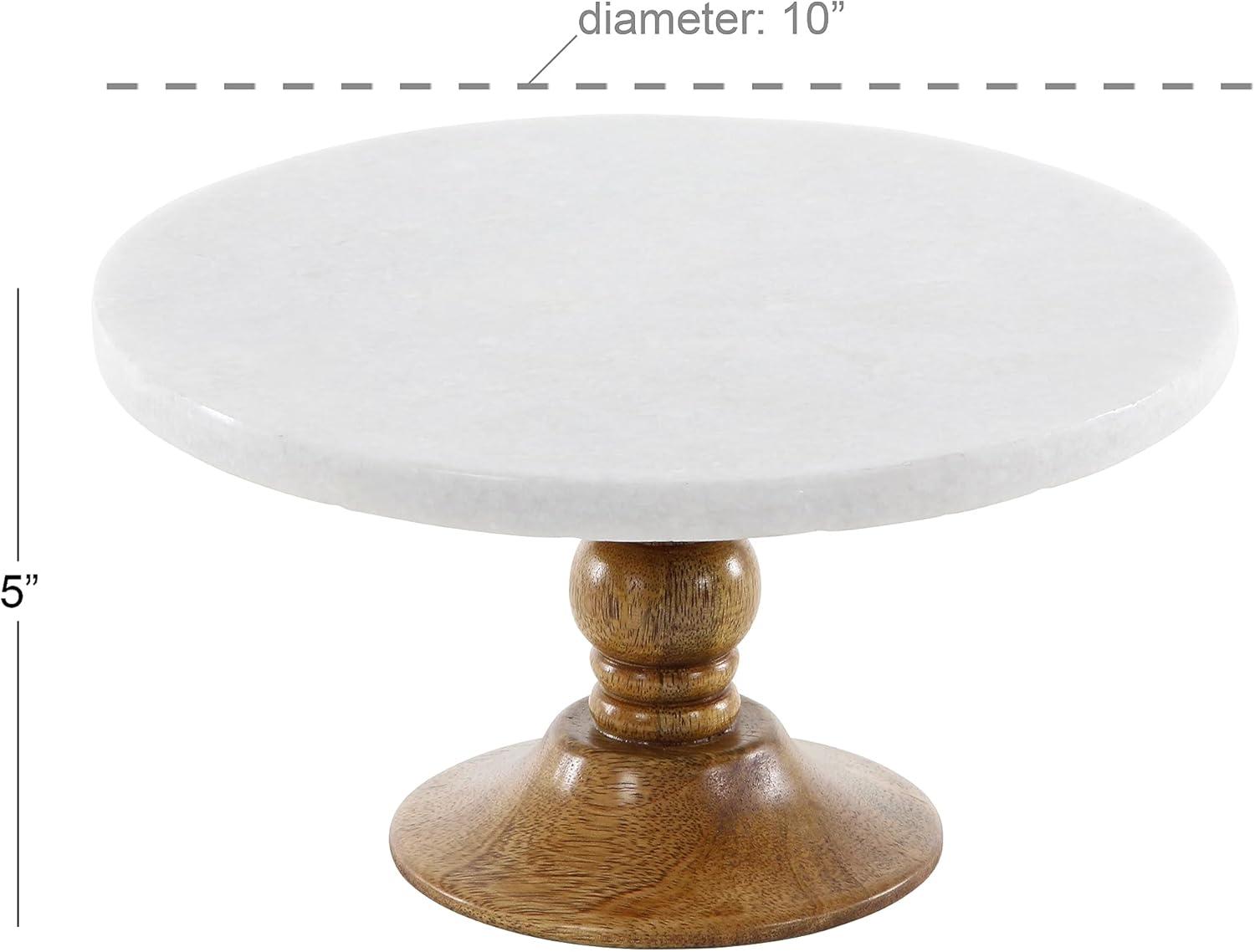 DecMode Modern Round Marble Cake Stand with Carved Wood Base and White Top Finish, 10"W x 5"H