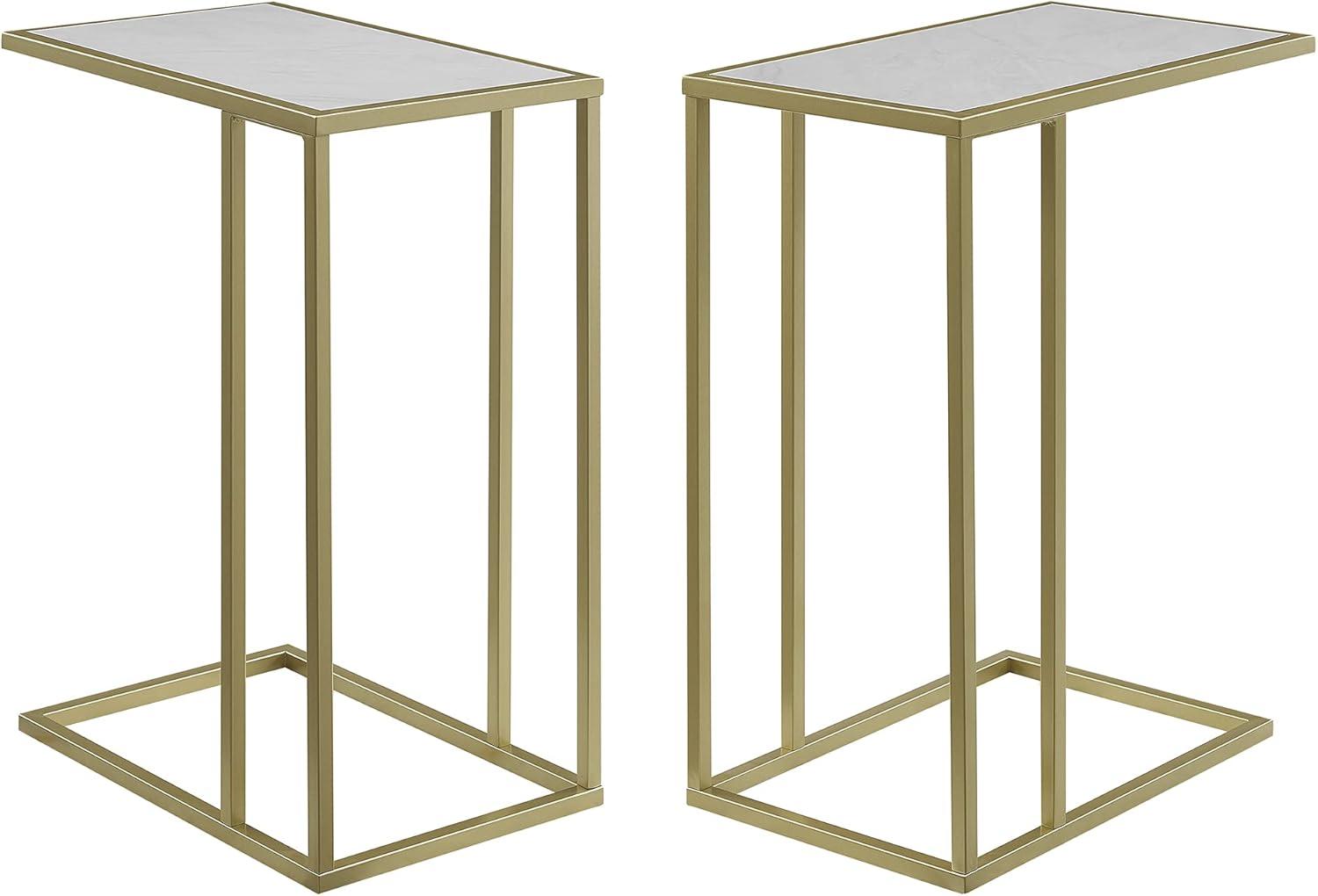 Brentwood 24" Polished Gold and Marble C-Shape Side Tables, Set of 2