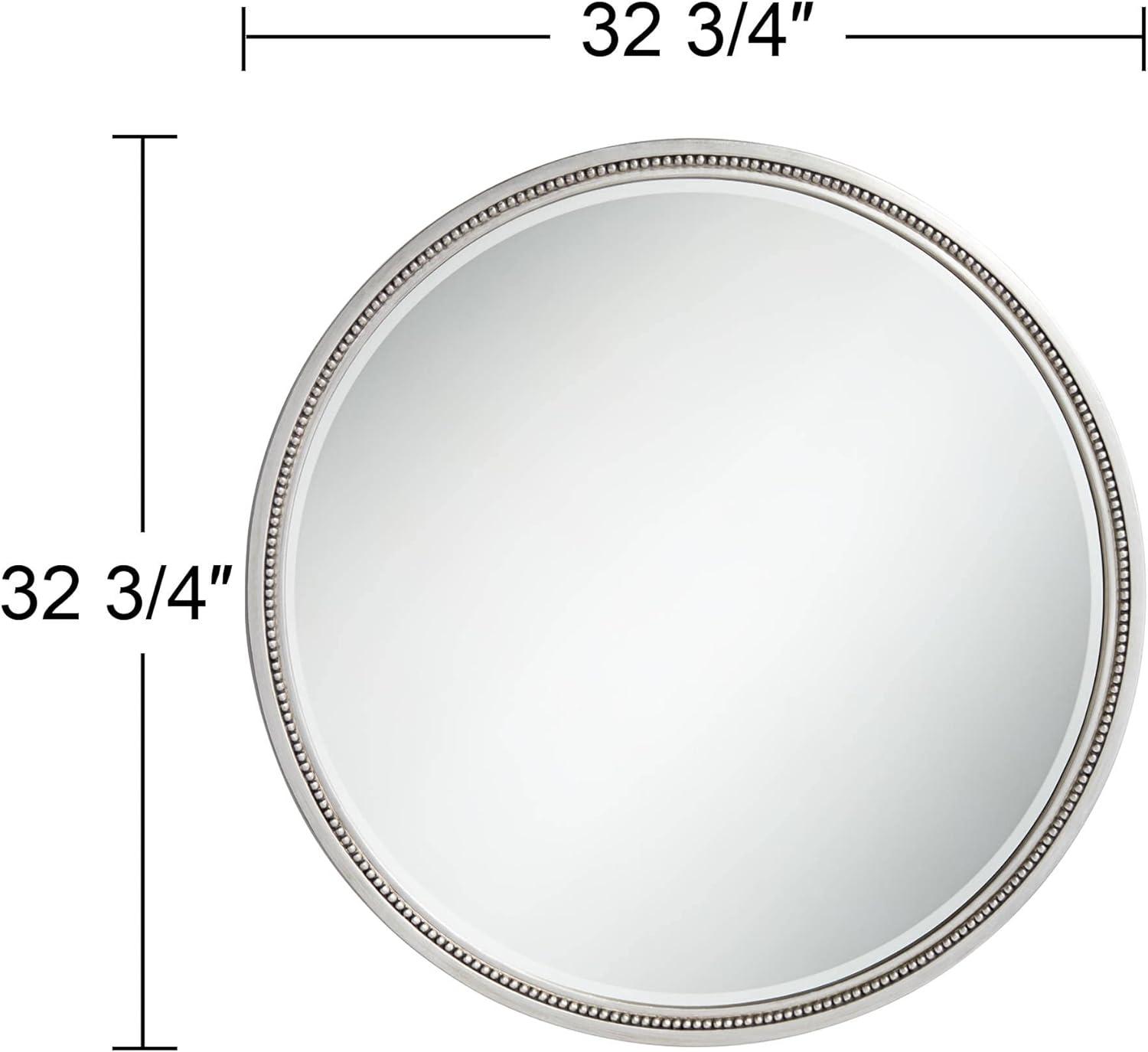 Noble Park Lorraine Round Vanity Decorative Wall Mirror Modern Beveled Beaded Trim Silver Wood Frame 32 3/4" Wide for Bathroom Bedroom Living Room
